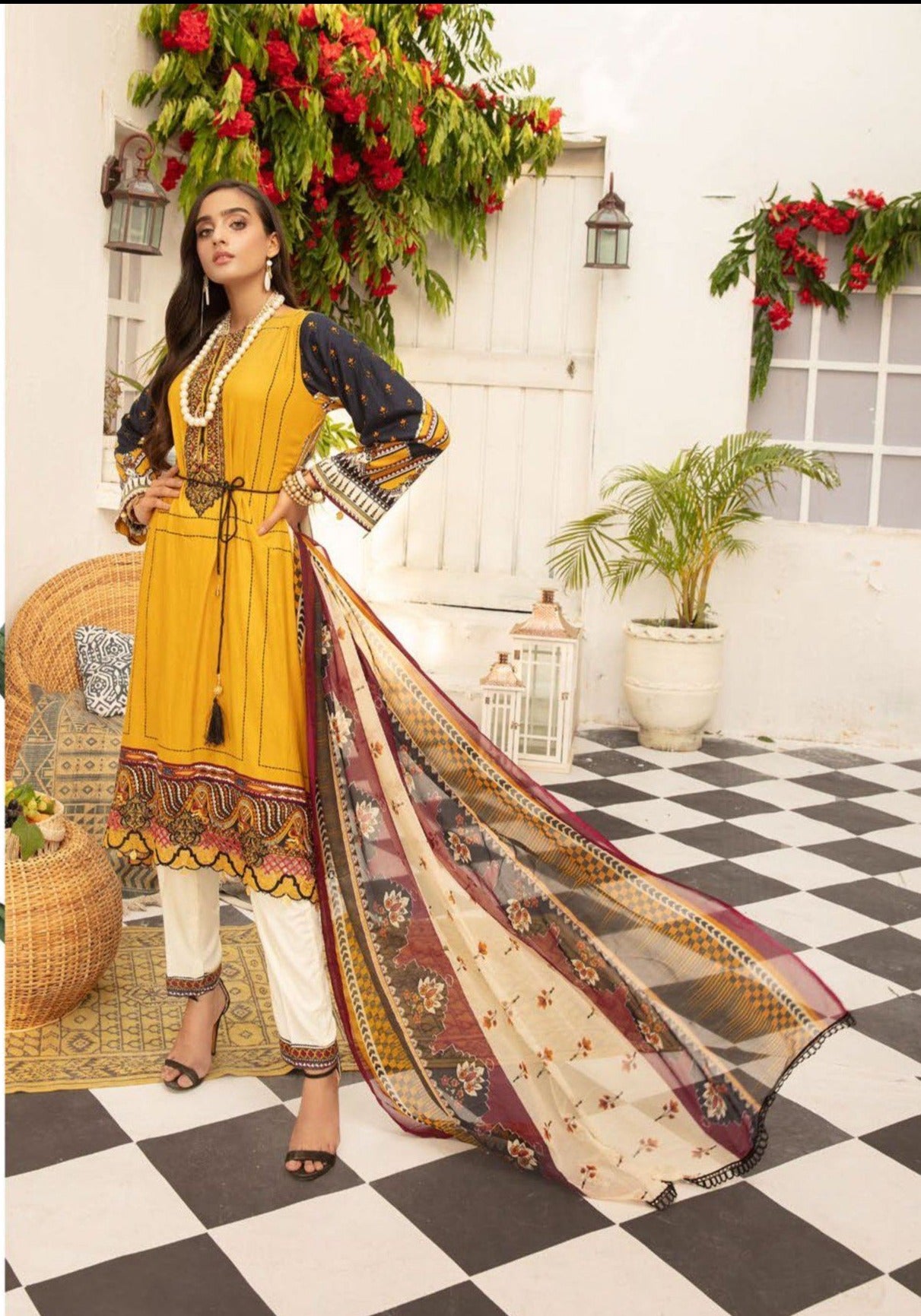 Jannat by Simrans Digital Print Linen Outfit with Digital Print Chiffon Dupatta SFL06 - Desi Posh