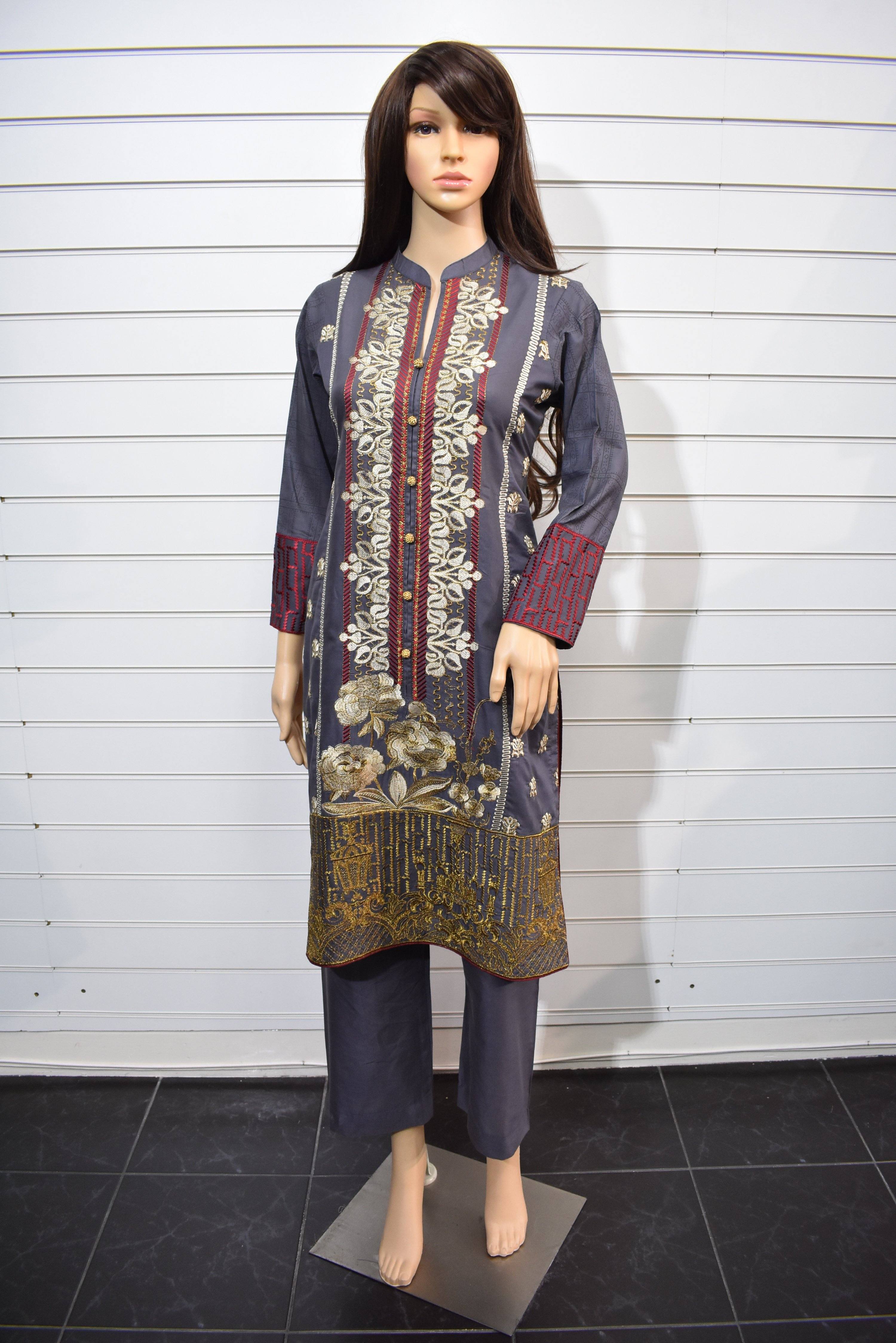 Khaadi Inspired Cotton Ready Made Outfit with Printed Chiffon Dupatta - Desi Posh