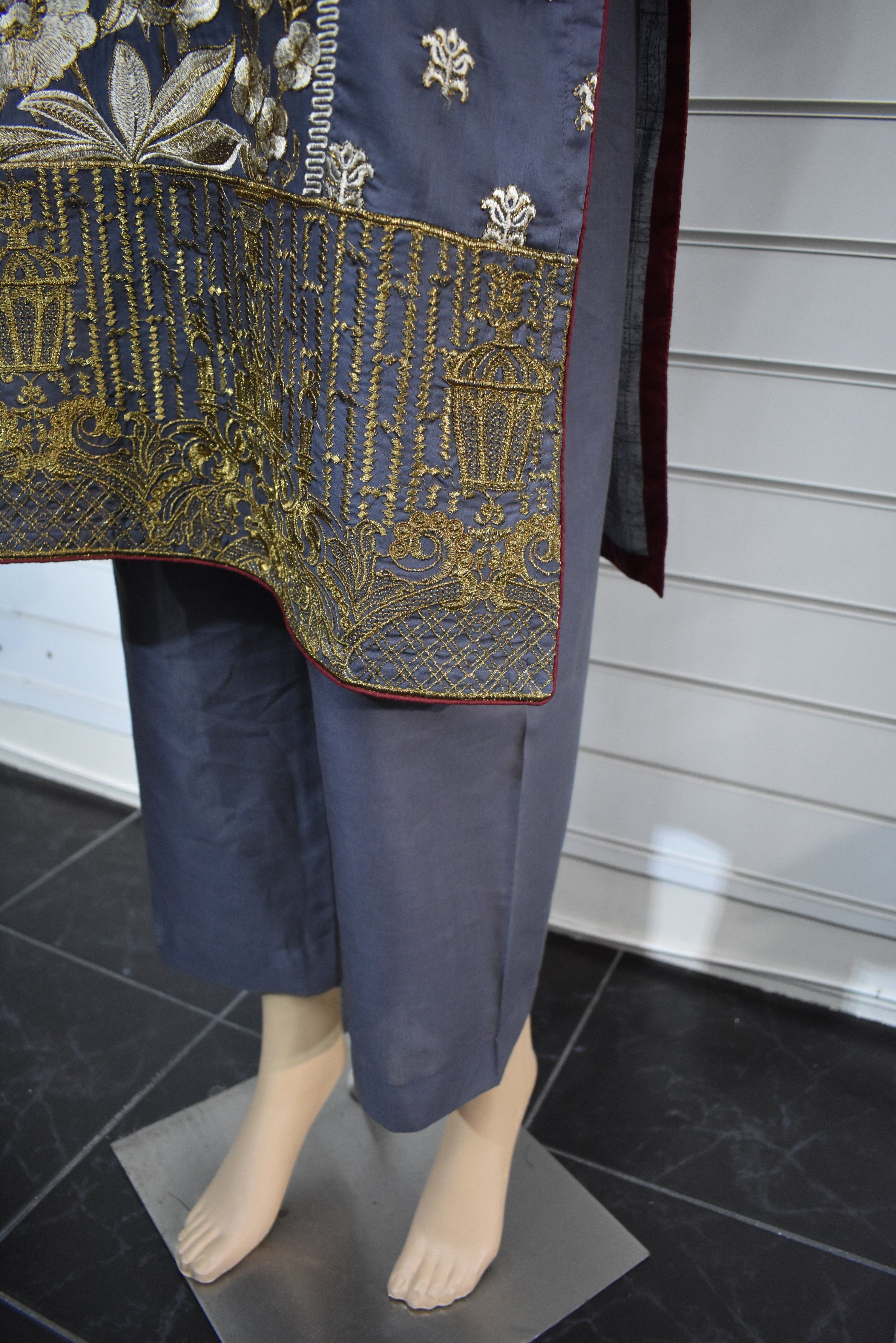 Khaadi Inspired Cotton Ready Made Outfit with Printed Chiffon Dupatta - Desi Posh