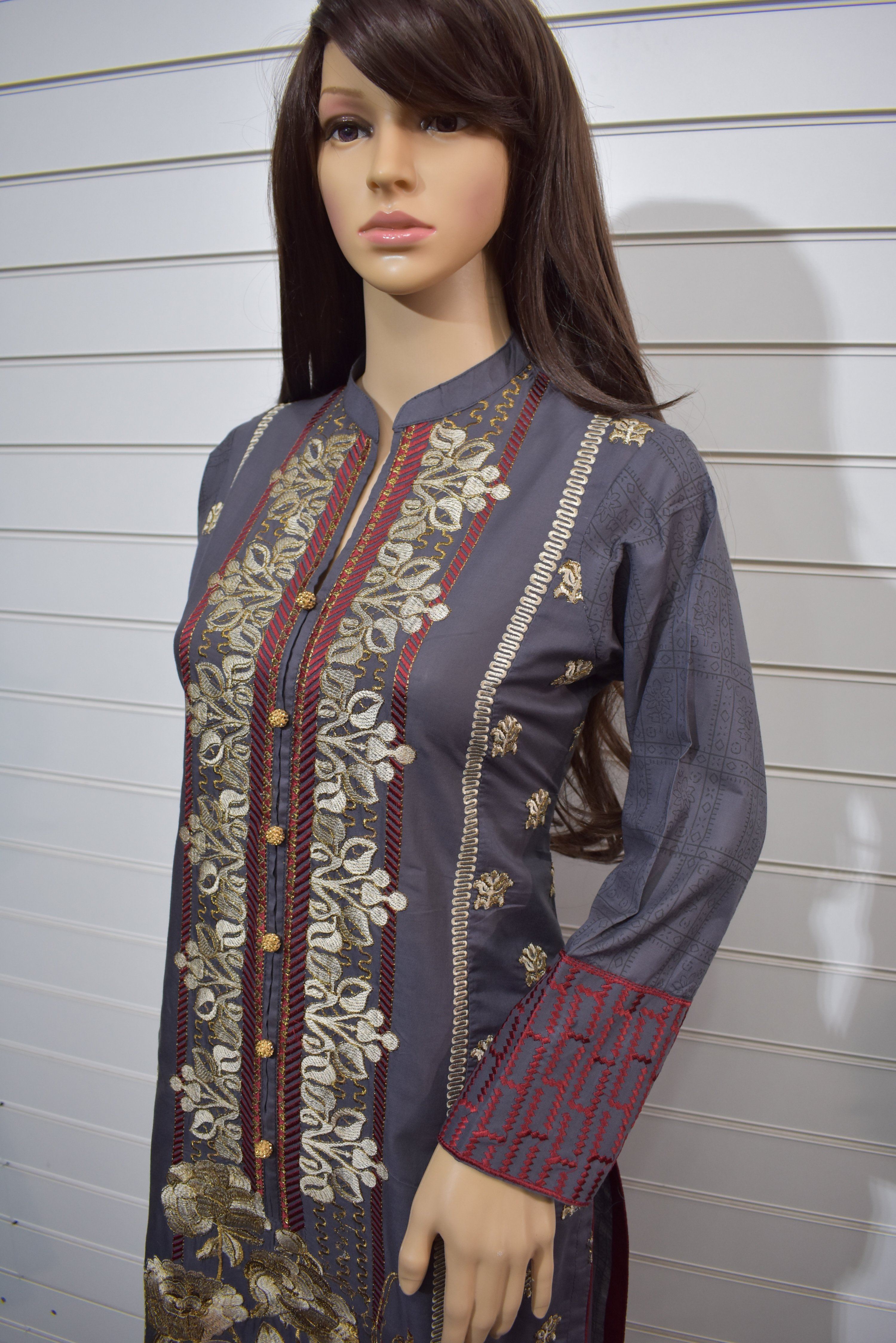 Khaadi Inspired Cotton Ready Made Outfit with Printed Chiffon Dupatta - Desi Posh