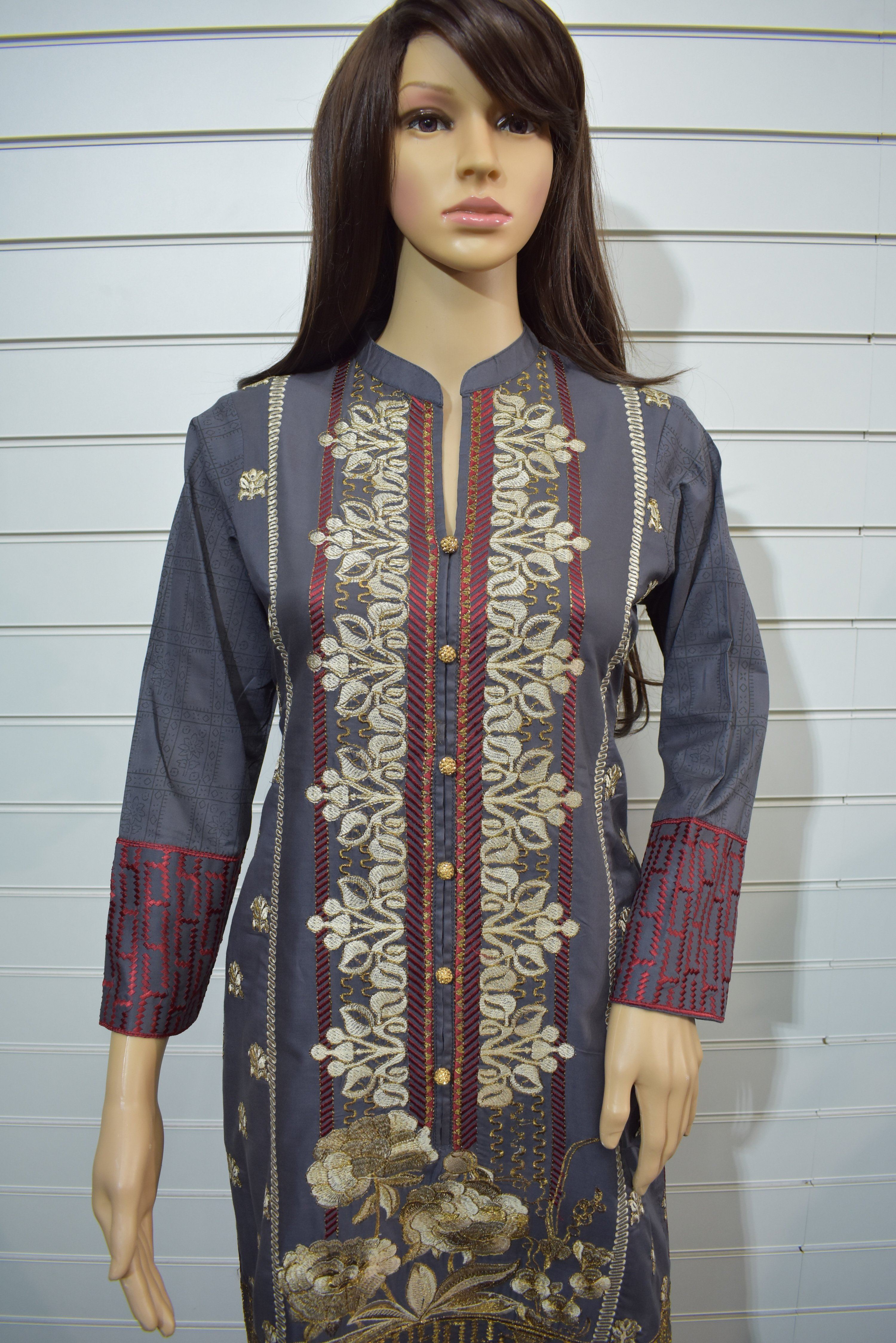 Khaadi Inspired Cotton Ready Made Outfit with Printed Chiffon Dupatta - Desi Posh