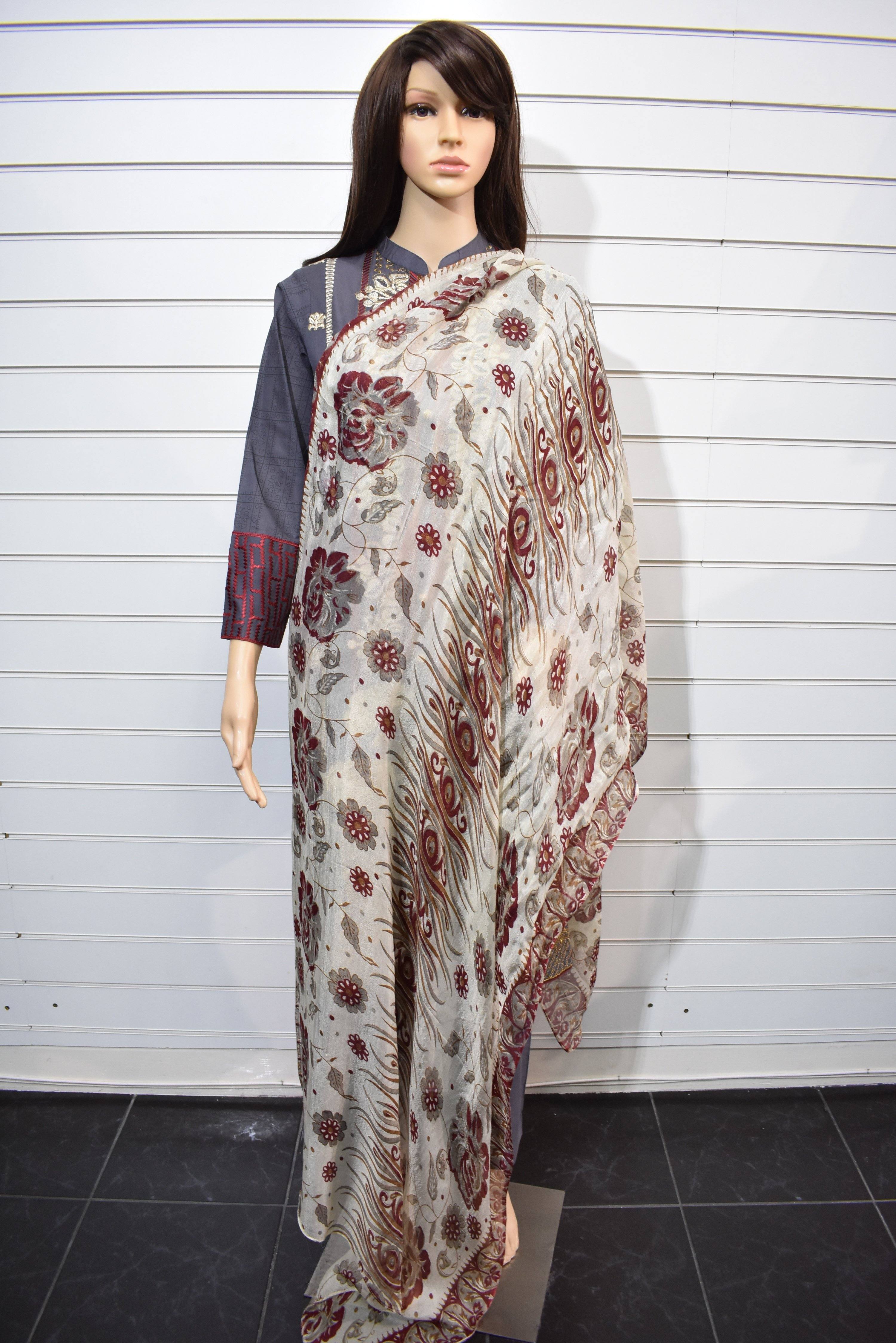 Khaadi Inspired Cotton Ready Made Outfit with Printed Chiffon Dupatta - Desi Posh
