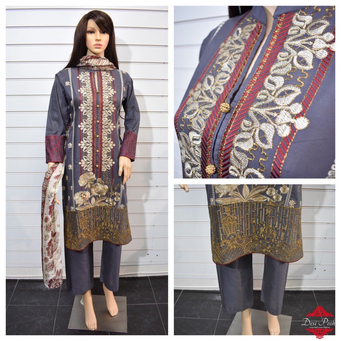 Khaadi Inspired Cotton Ready Made Outfit with Printed Chiffon Dupatta - Desi Posh