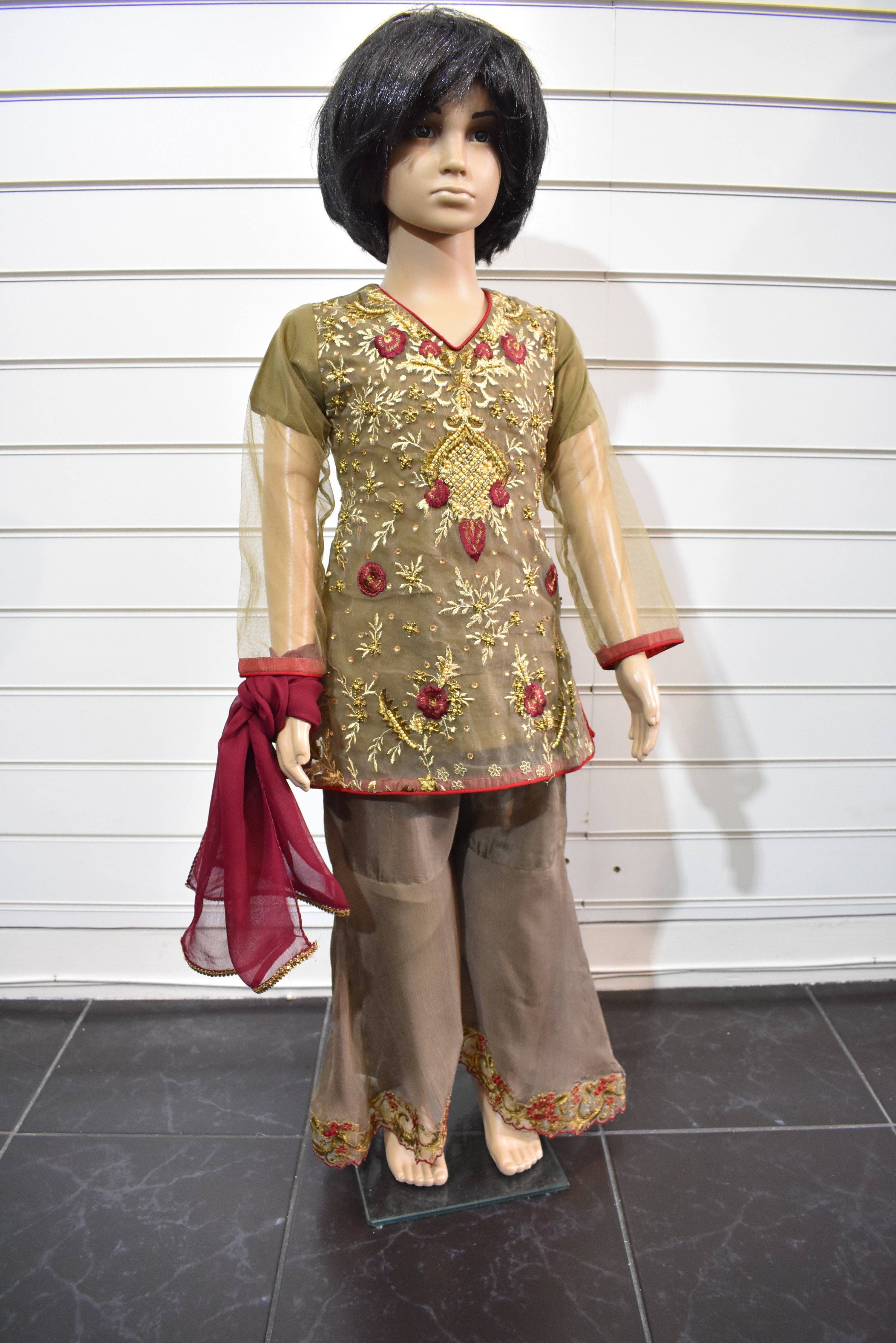 Kids Designer Net and Chiffon 3 Piece Eid Gharara Outfit - Desi Posh