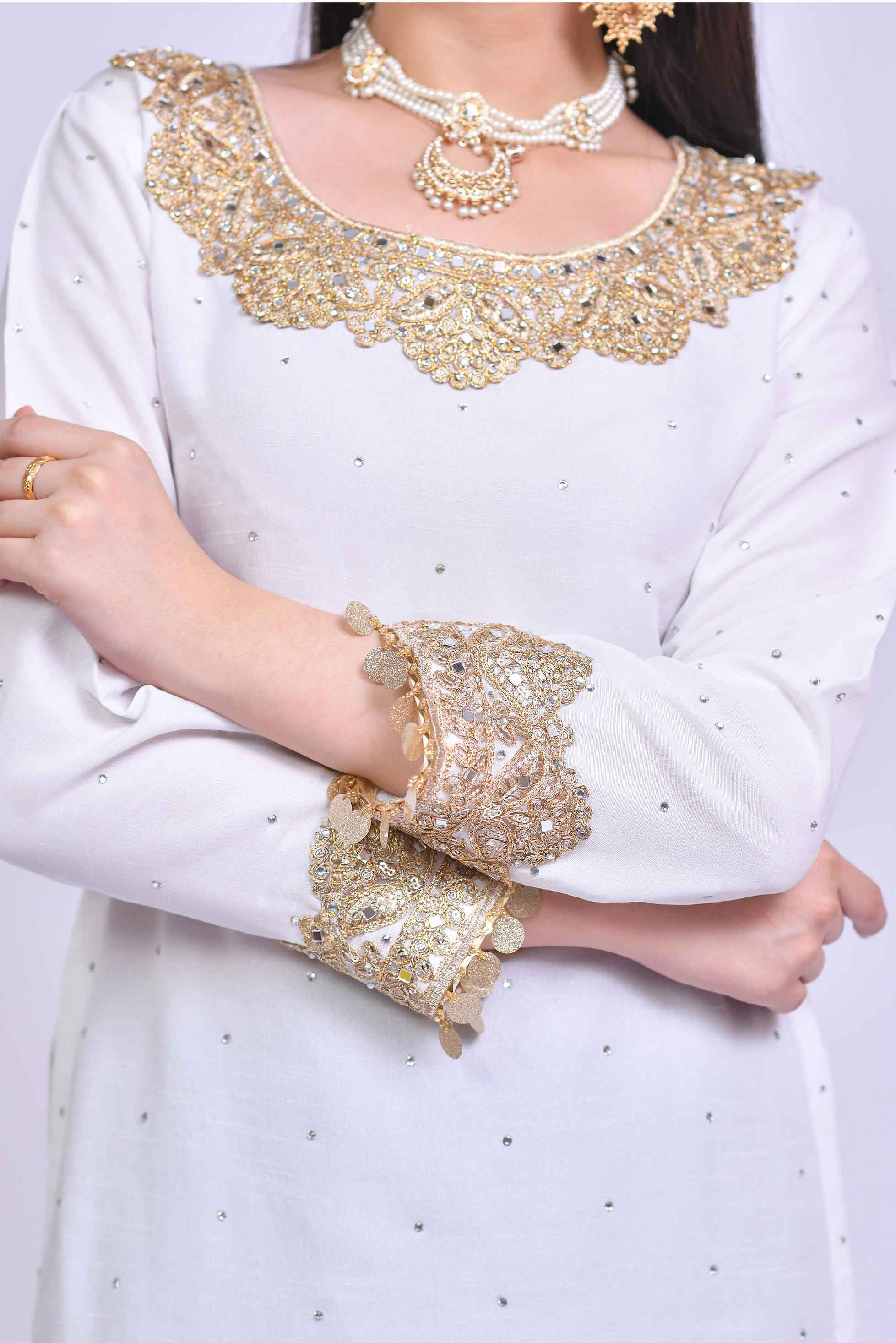 Ladies Designer Semi Formal White and Green Gharara Outfit DesiP