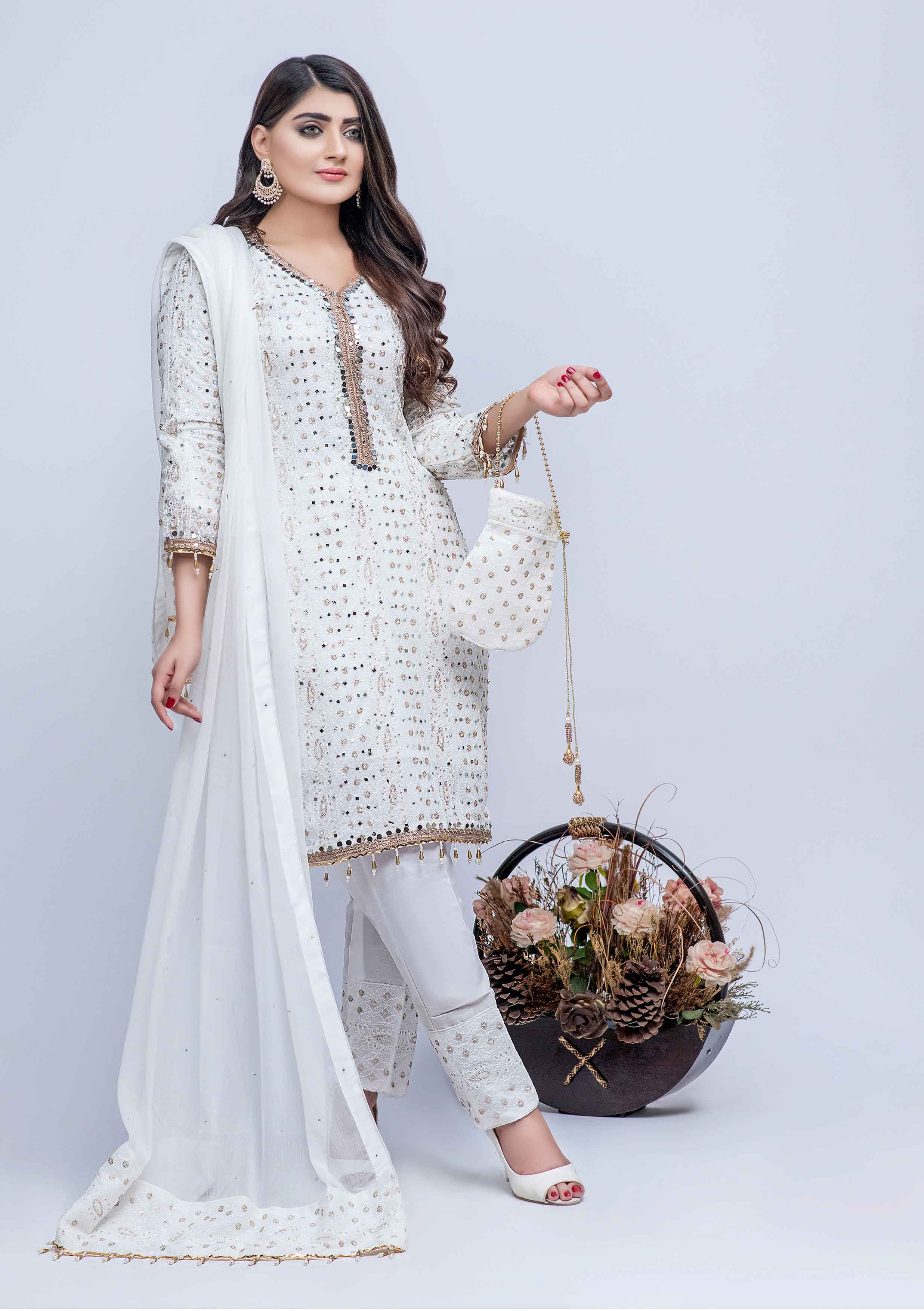 Ladies Pakistani Designer Formal Off White Suit With Clutch Bag