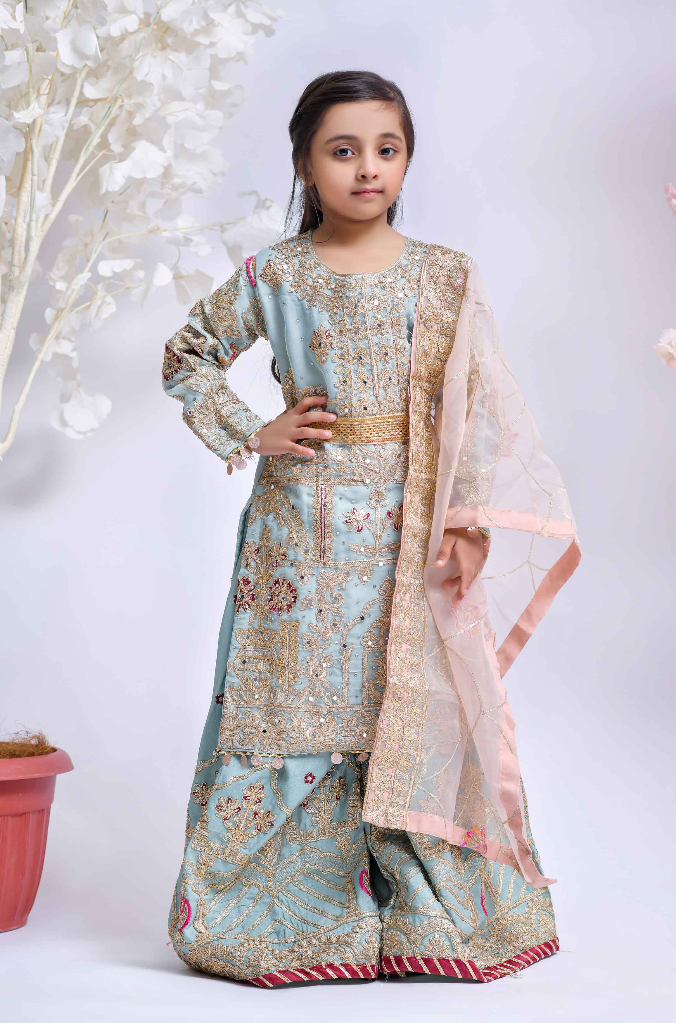 Simrans Mother & Daughter Light Ferozi Kids Sharara Oufit - Desi Posh