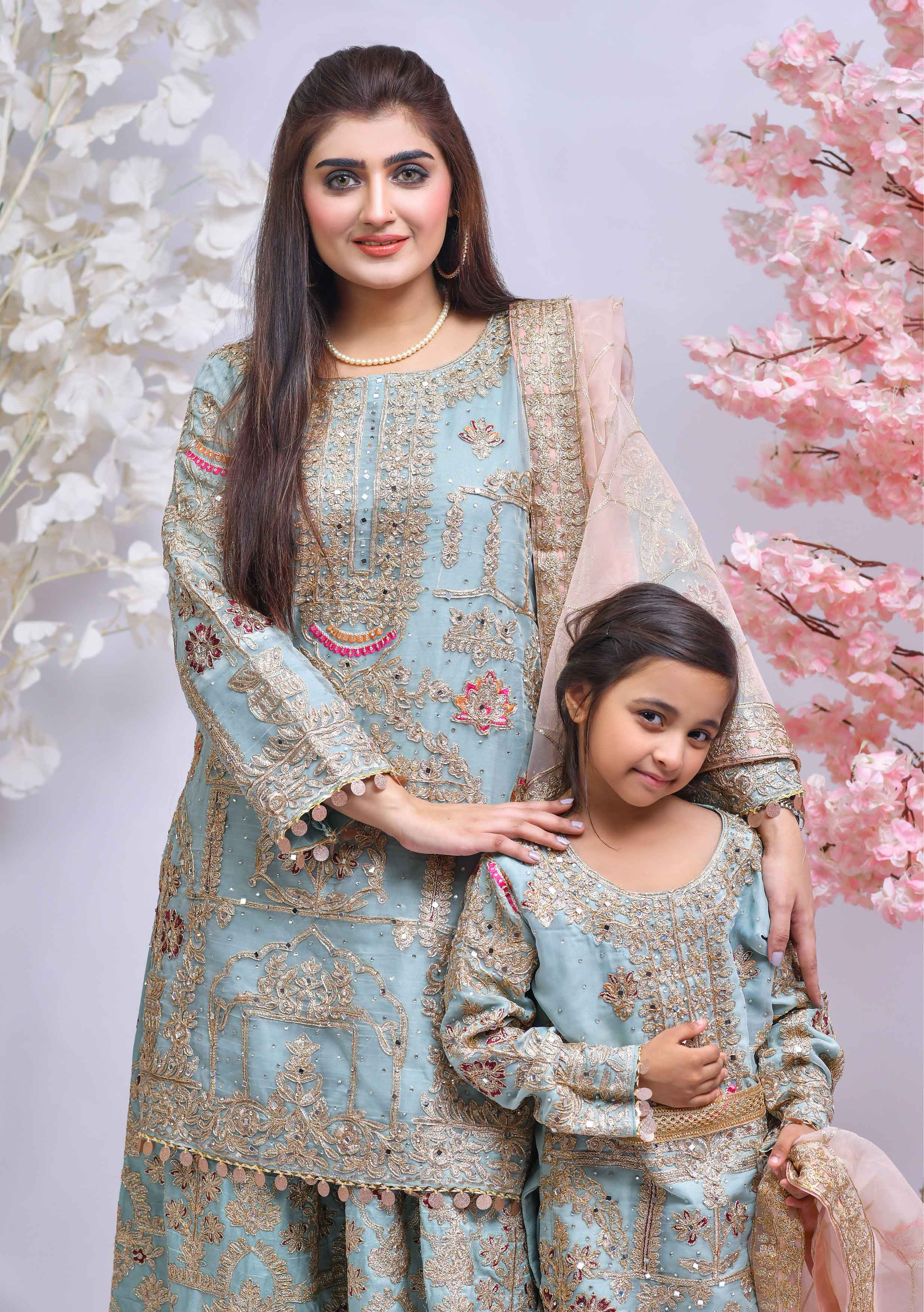 Simrans Mother & Daughter Light Ferozi Ladies Sharara Oufit - Desi Posh