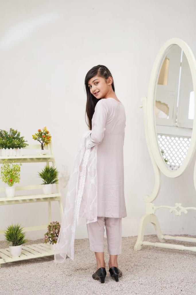 Light Grey Kids Dress Mirror Outfit with Net Dupatta Desi Posh