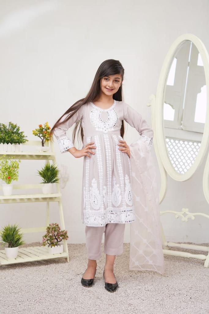 Light Grey Kids Dress Mirror Outfit with Net Dupatta