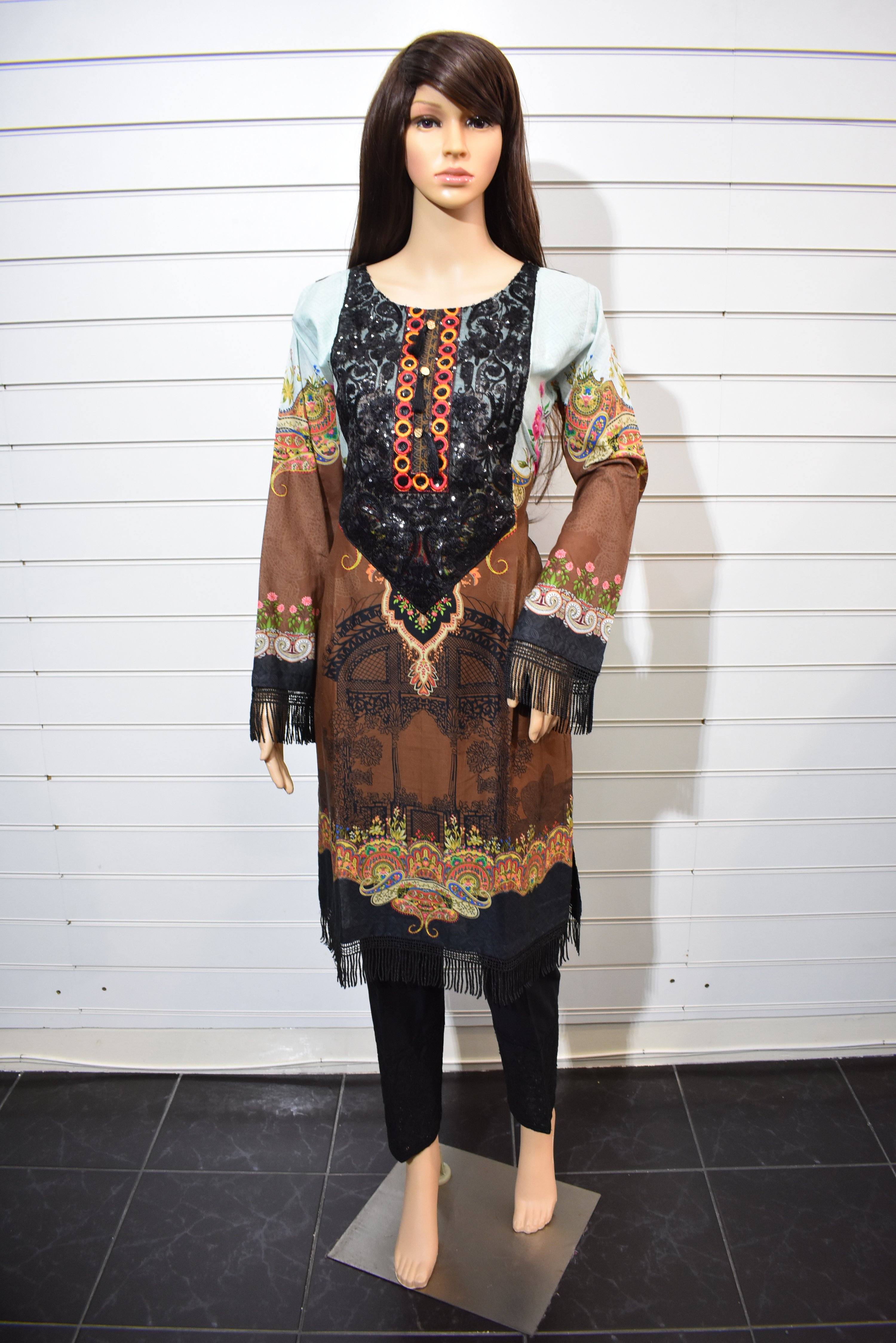 Limelight inspired Autumn Linen Sitara Embroidery Detailed Kameez Kurti Black - Desi Posh