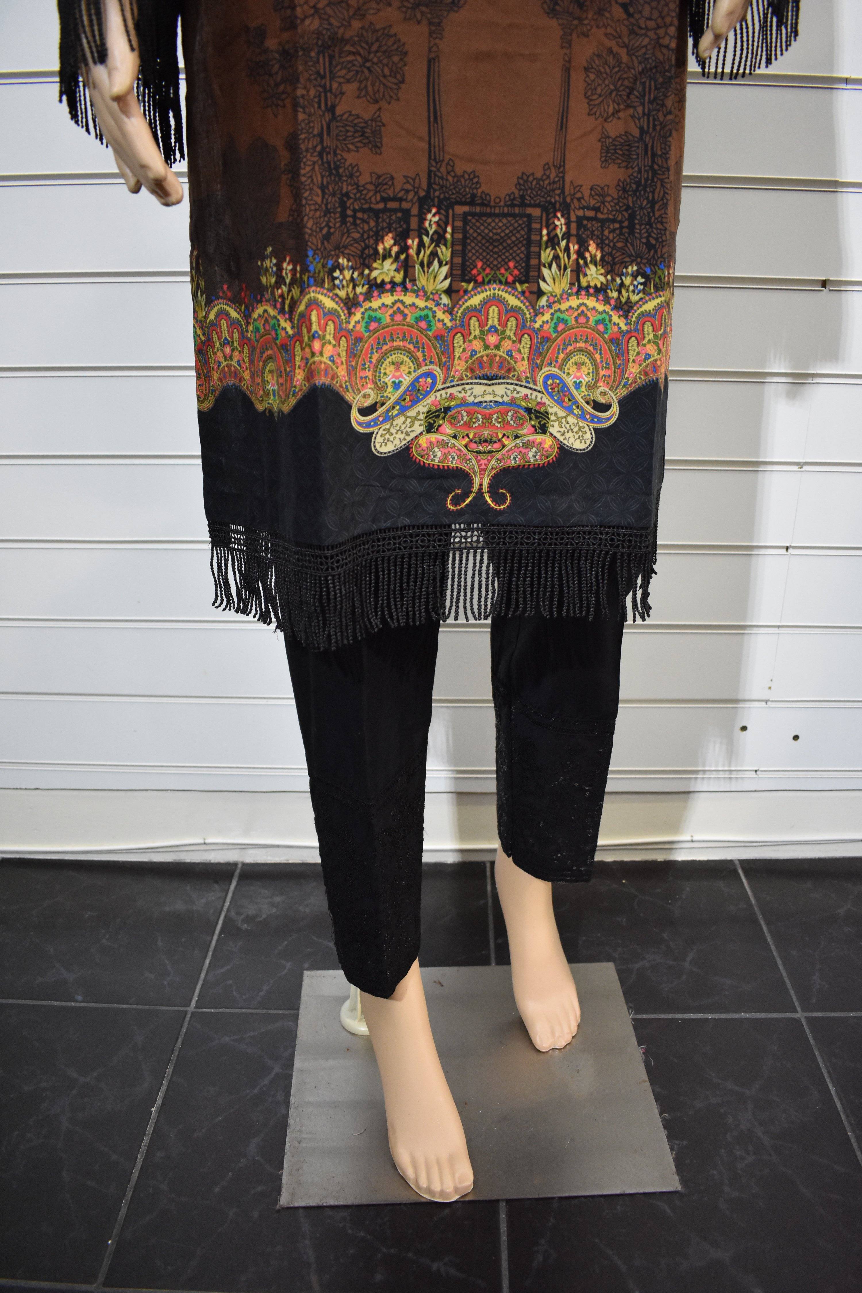 Limelight inspired Autumn Linen Sitara Embroidery Detailed Kameez Kurti Black - Desi Posh