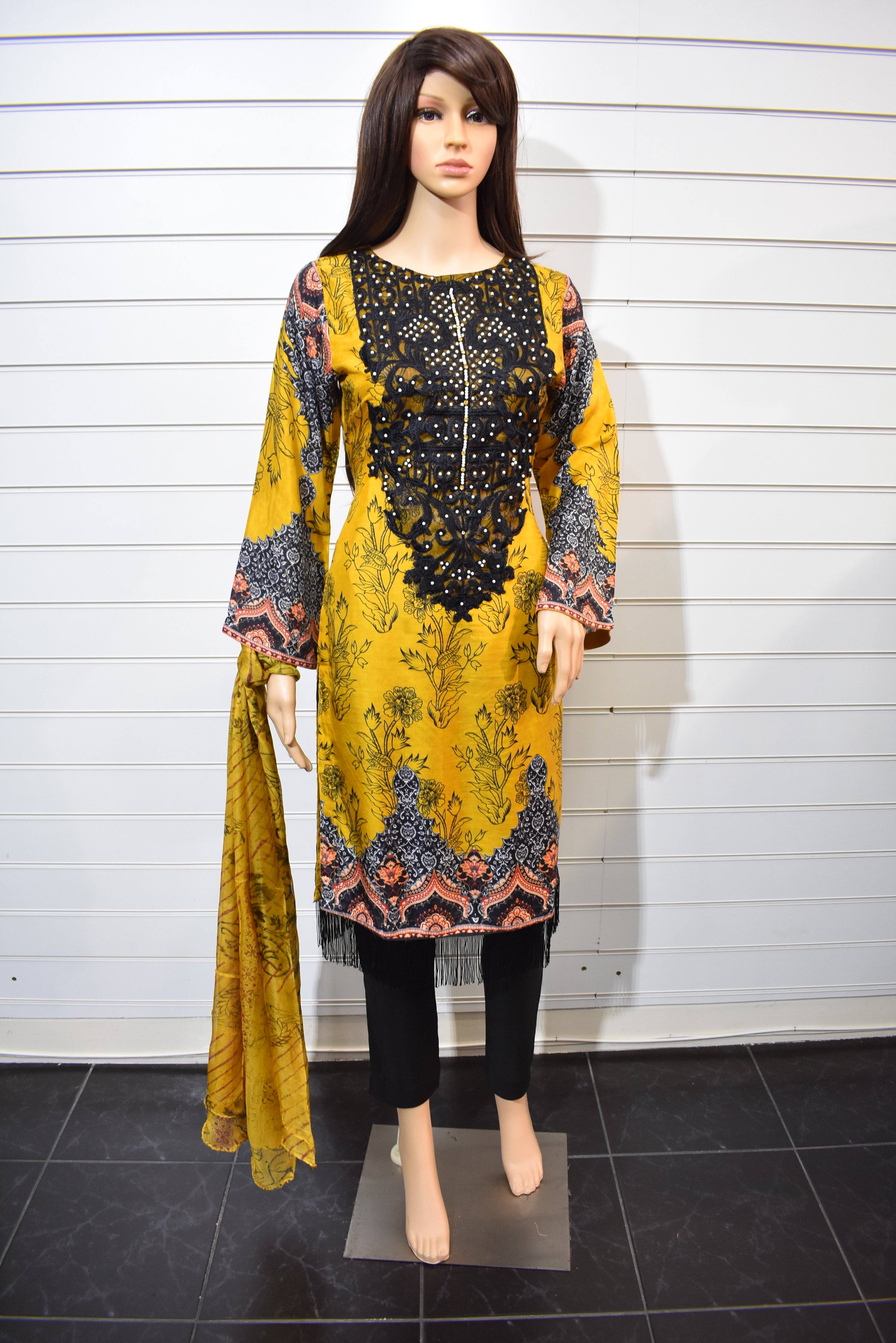 Limelight Inspired Pearl Detailed 3 Piece Linen Mustard Outfit - Desi Posh