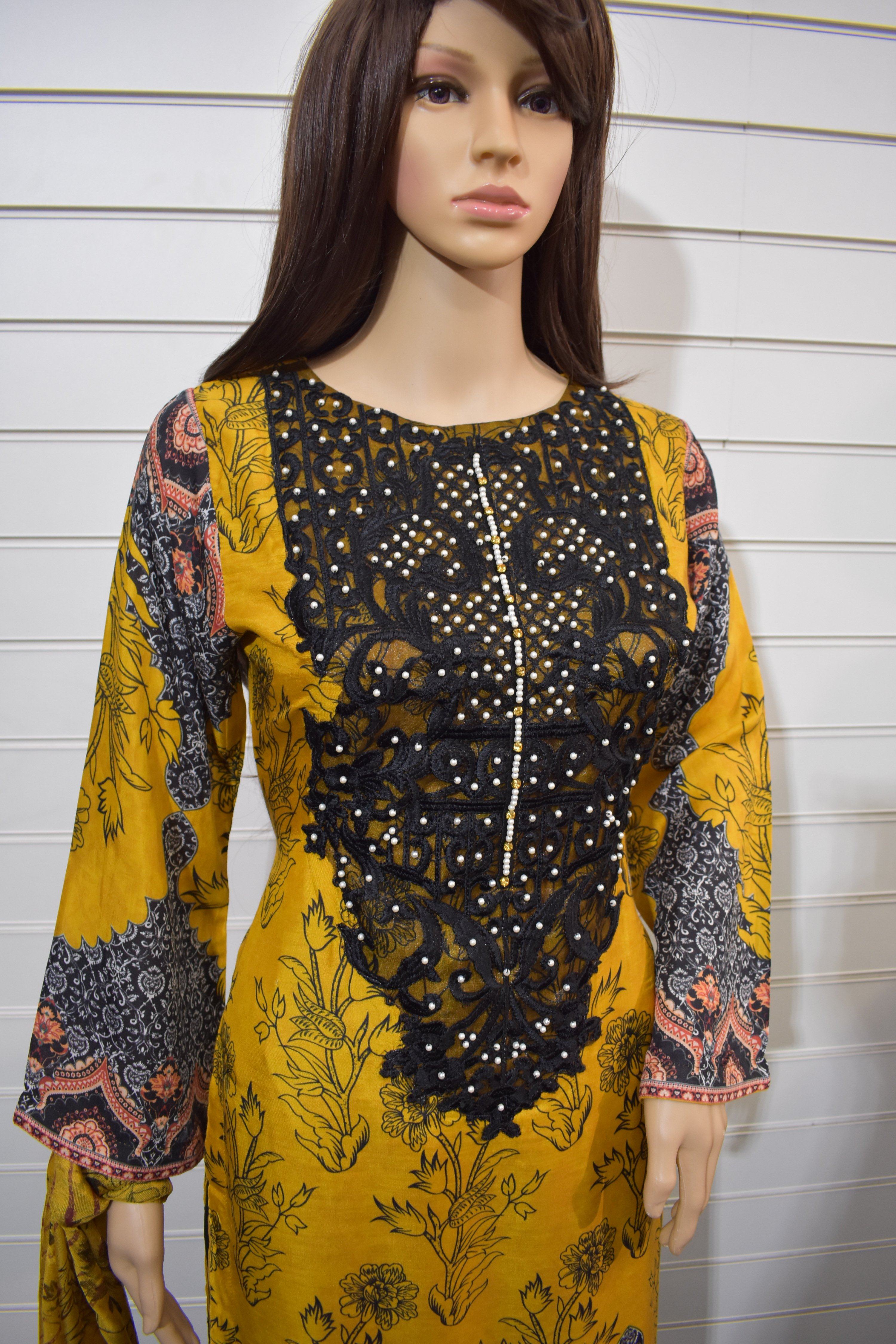 Limelight Inspired Pearl Detailed 3 Piece Linen Mustard Outfit - Desi Posh