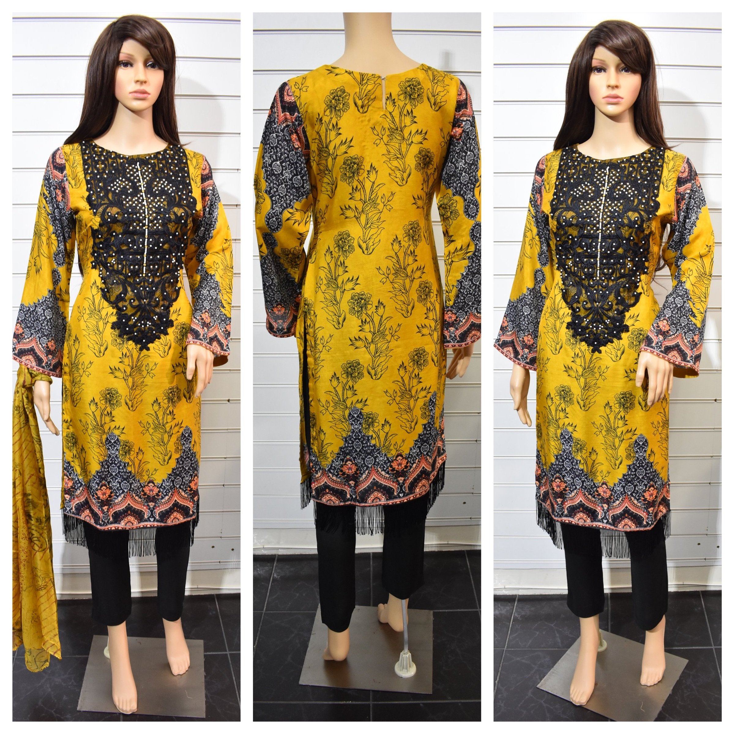Limelight Inspired Pearl Detailed 3 Piece Linen Mustard Outfit - Desi Posh