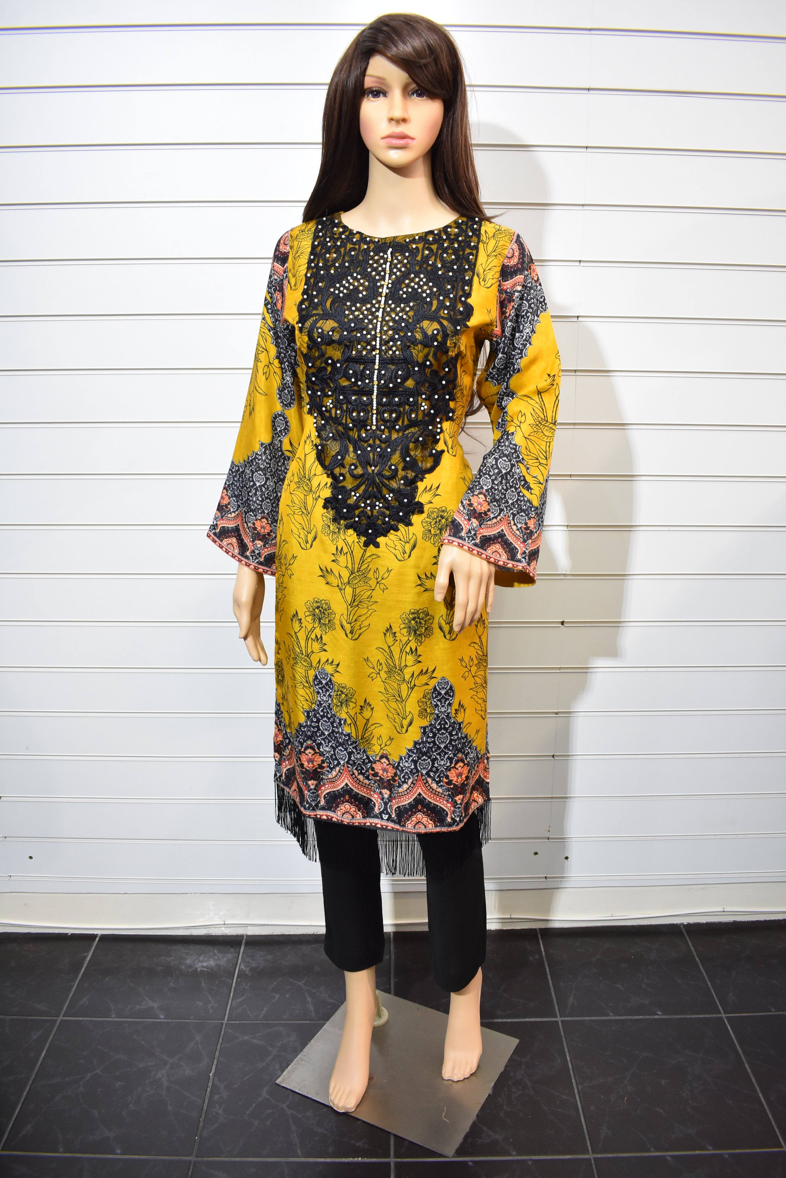 Limelight Inspired Pearl Detailed 3 Piece Linen Mustard Outfit - Desi Posh