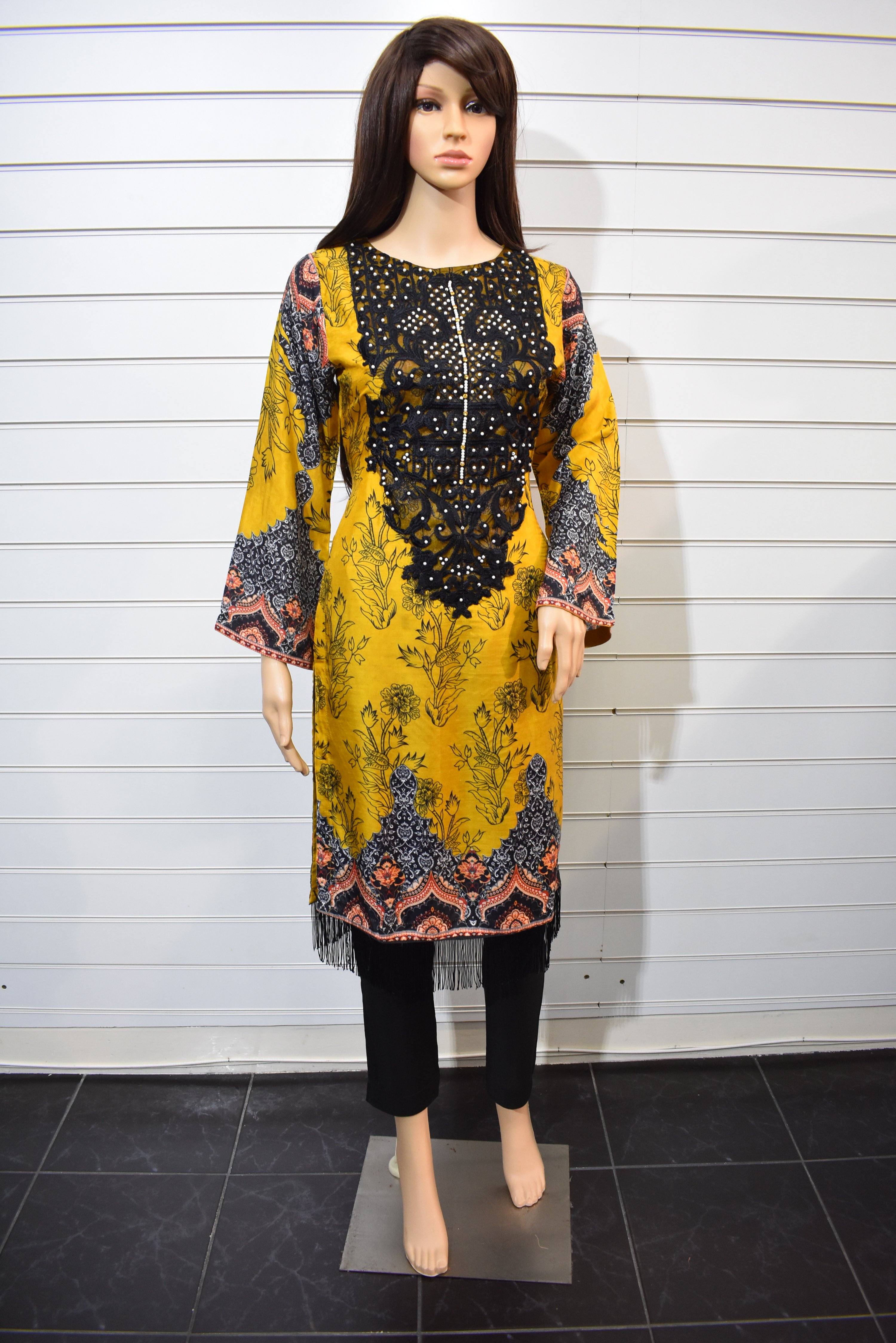 Limelight Inspired Pearl Detailed 3 Piece Linen Mustard Outfit - Desi Posh