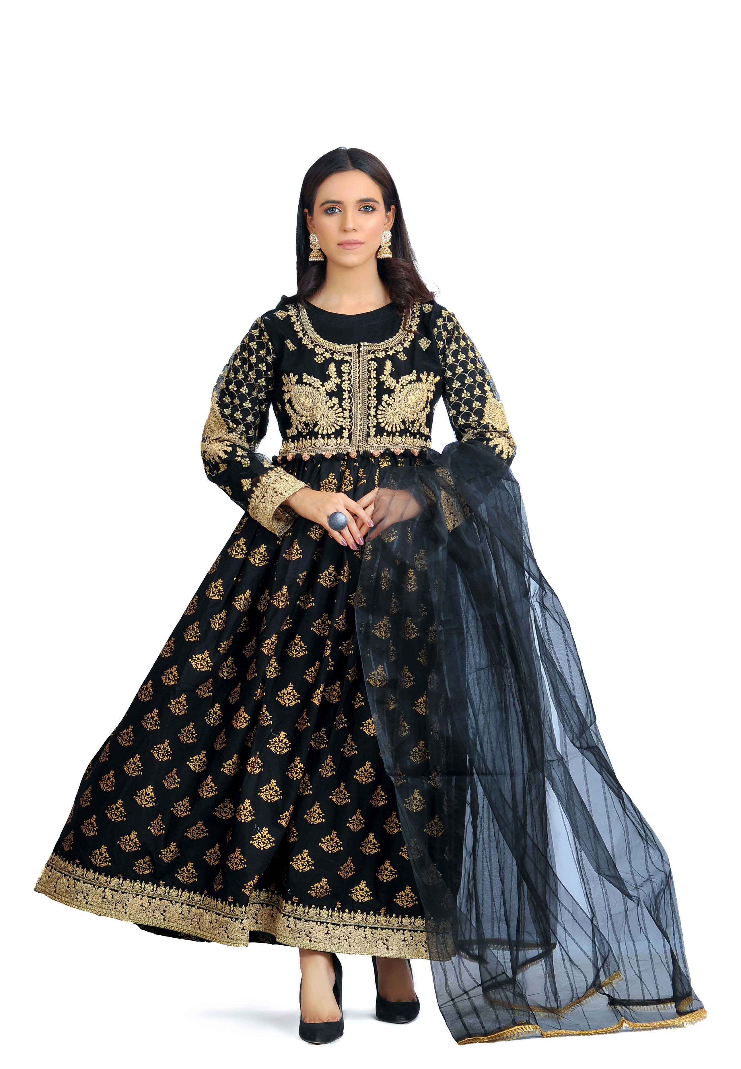 Maria B Embroidered Black Lawn 3 Piece Frock Outfit With Net Dupatta