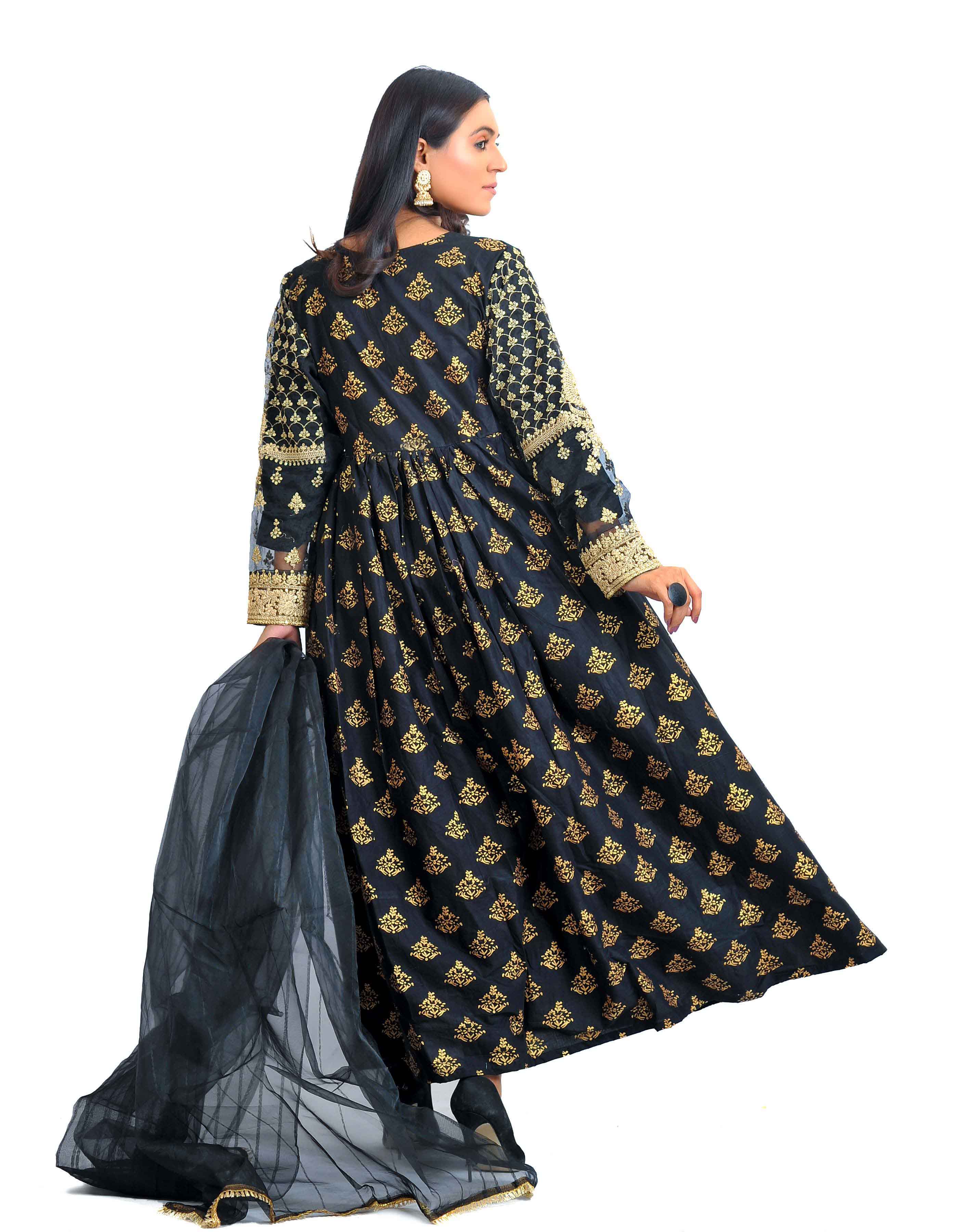 Maria B Embroidered Black Lawn 3 Piece Frock Outfit With Net Dupatta DesiPosh