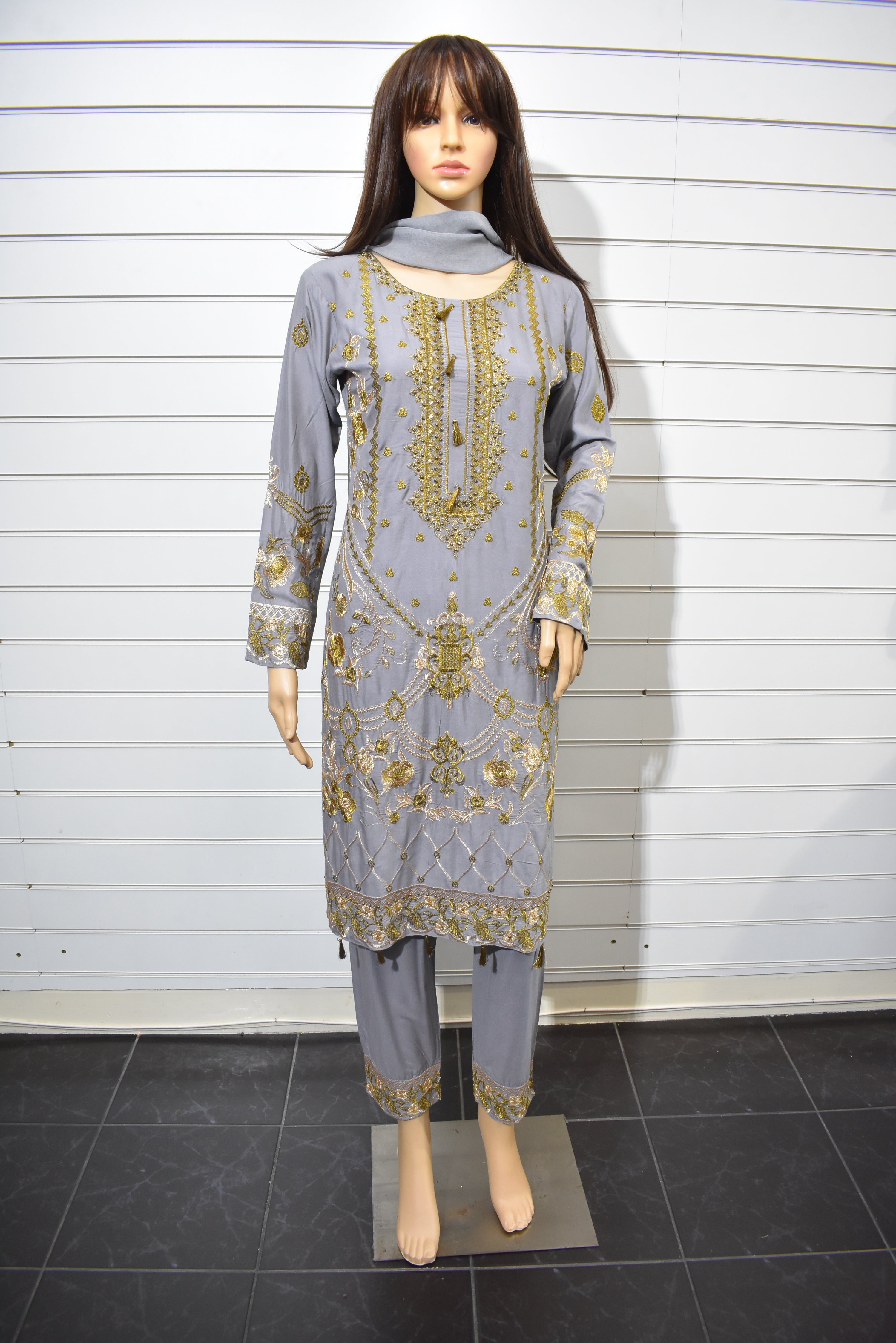 Maria B inspired Ready Made Embroidered Grey Linen Outfit