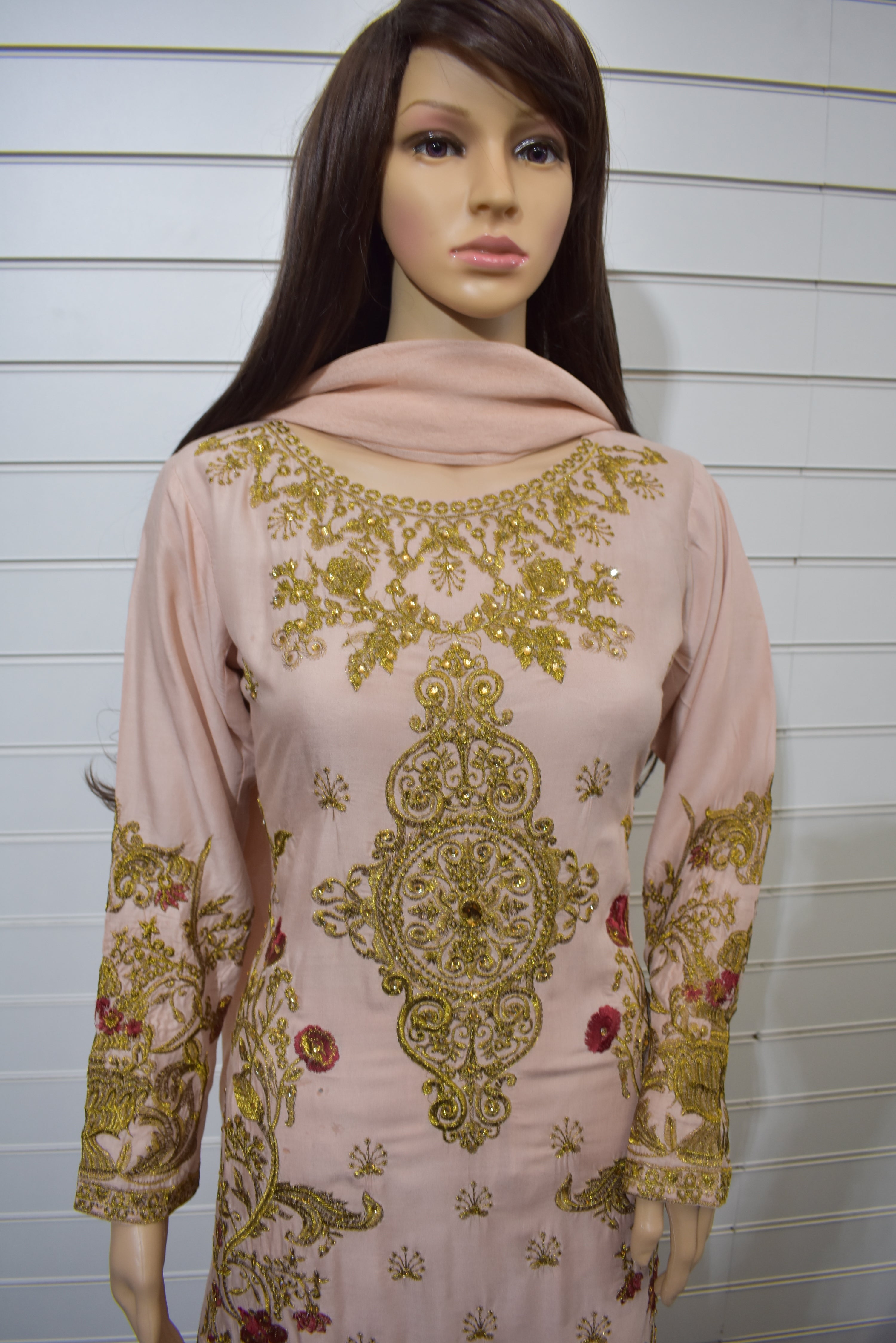 Maria B inspired Ready Made Embroidered Light Peach Outfit DesiP 