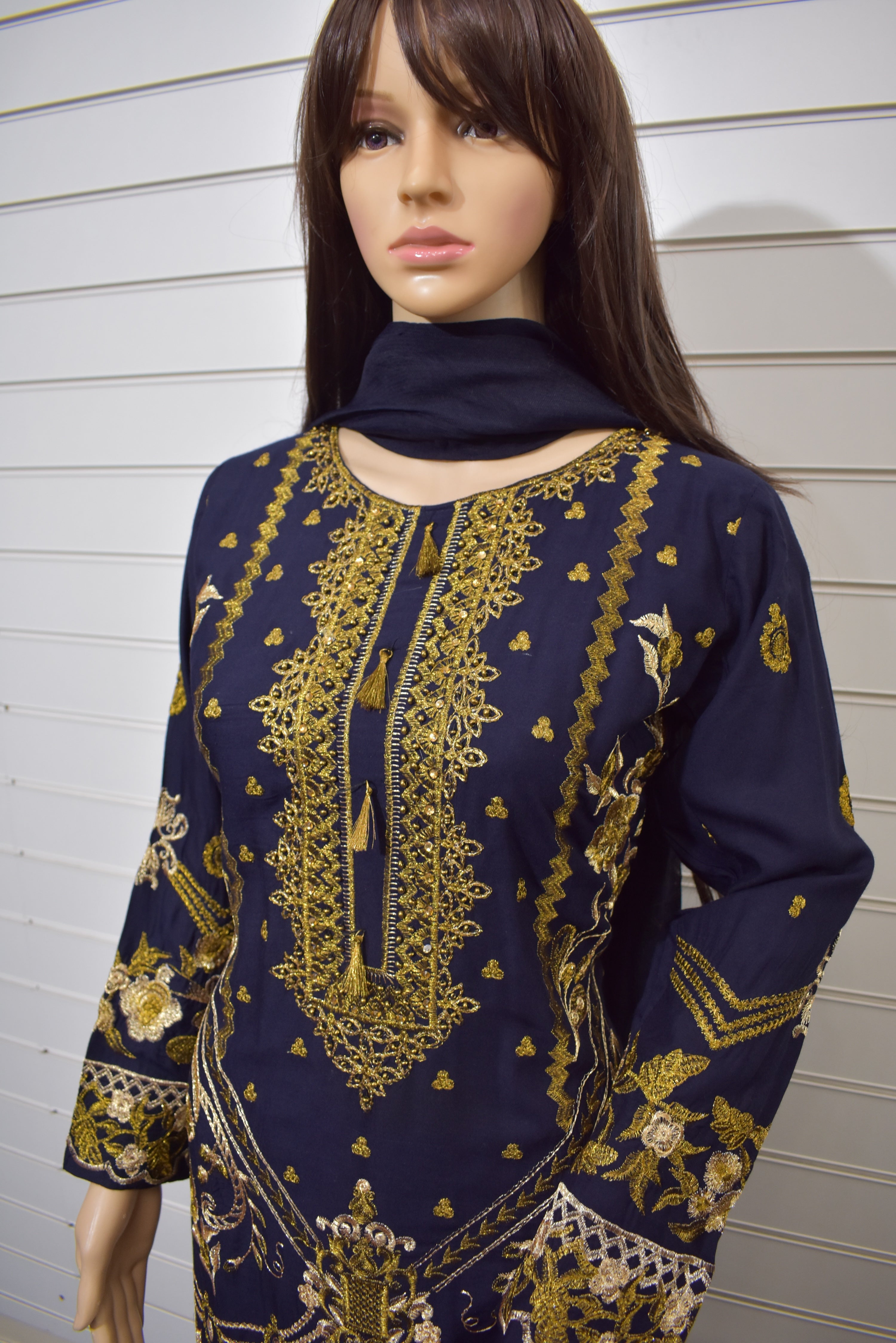 Maria B inspired Ready Made Embroidered Navy Linen Outfit DesiP 