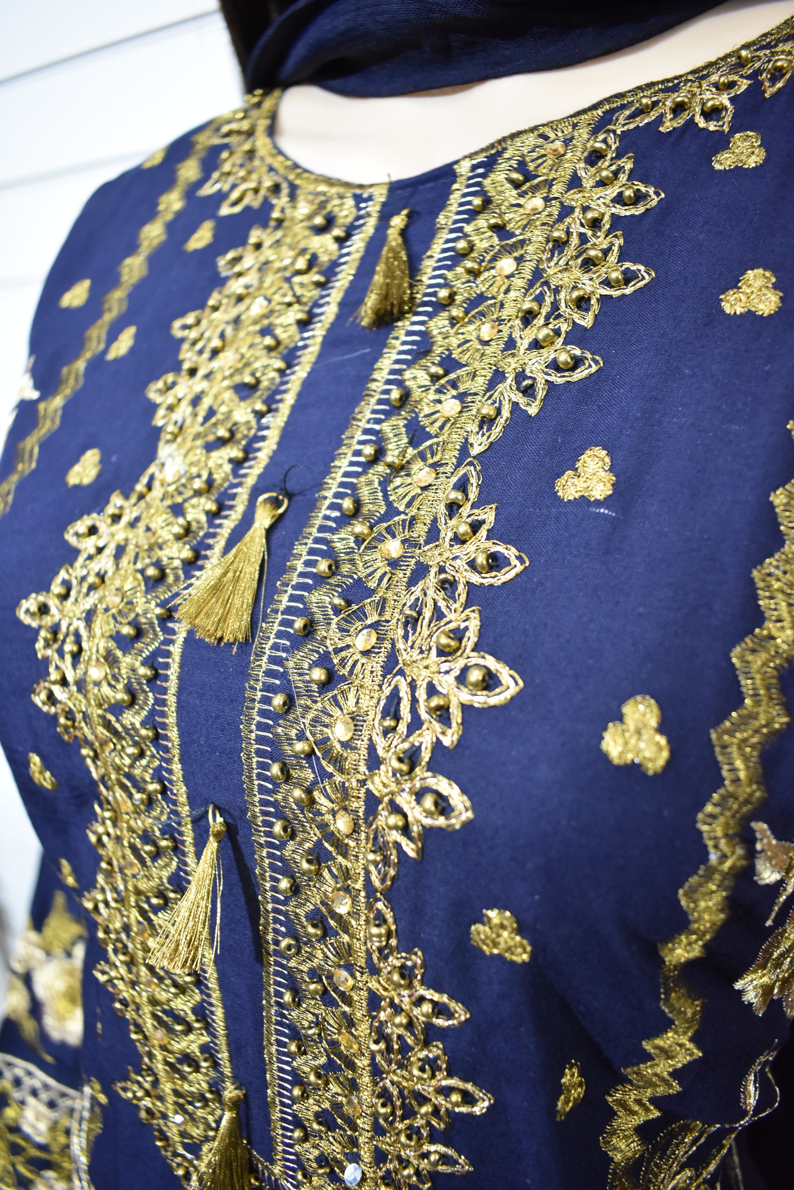 Maria B inspired Ready Made Embroidered Navy Linen Outfit DesiP 