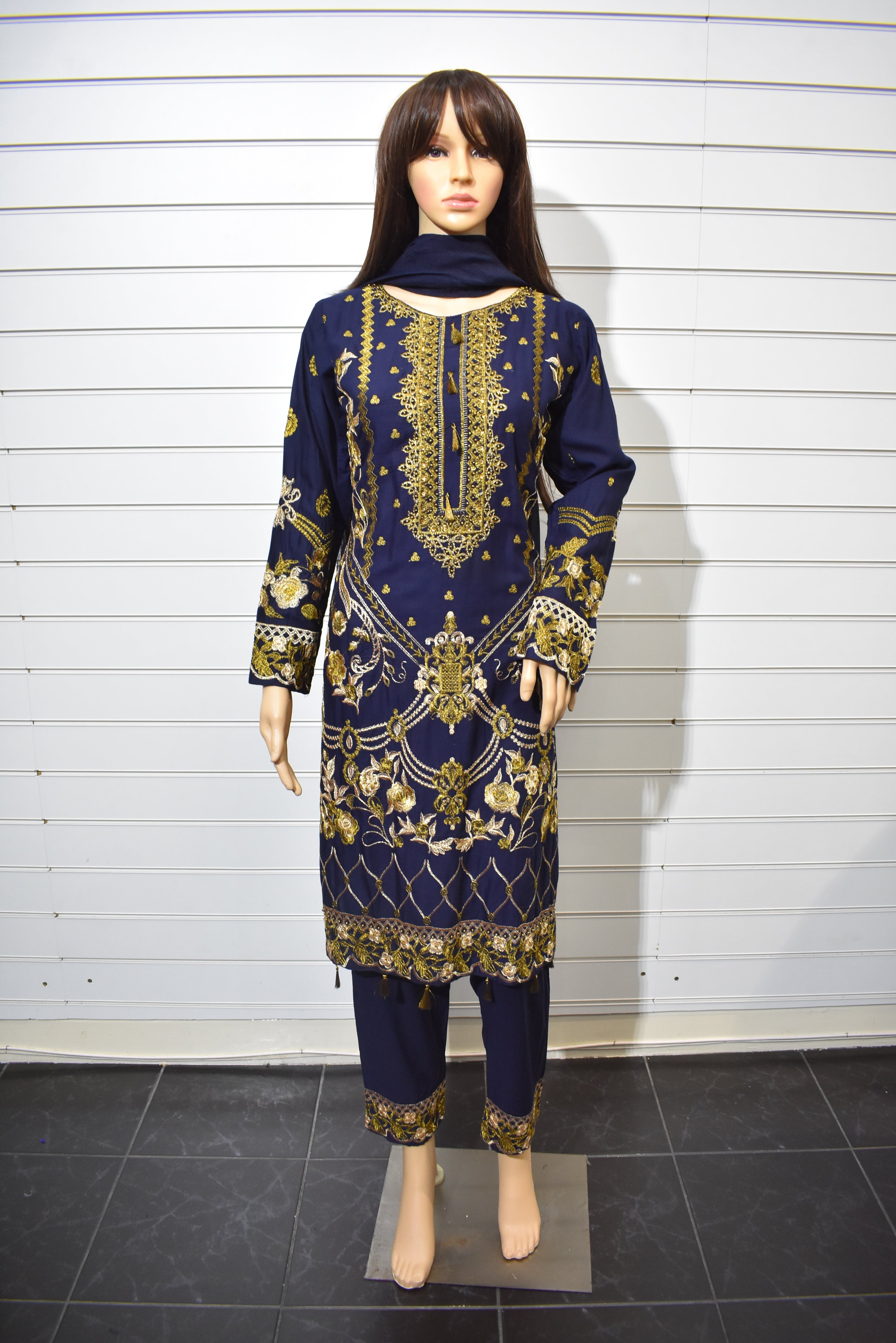 Maria B inspired Ready Made Embroidered Navy Linen Outfit DesiP 