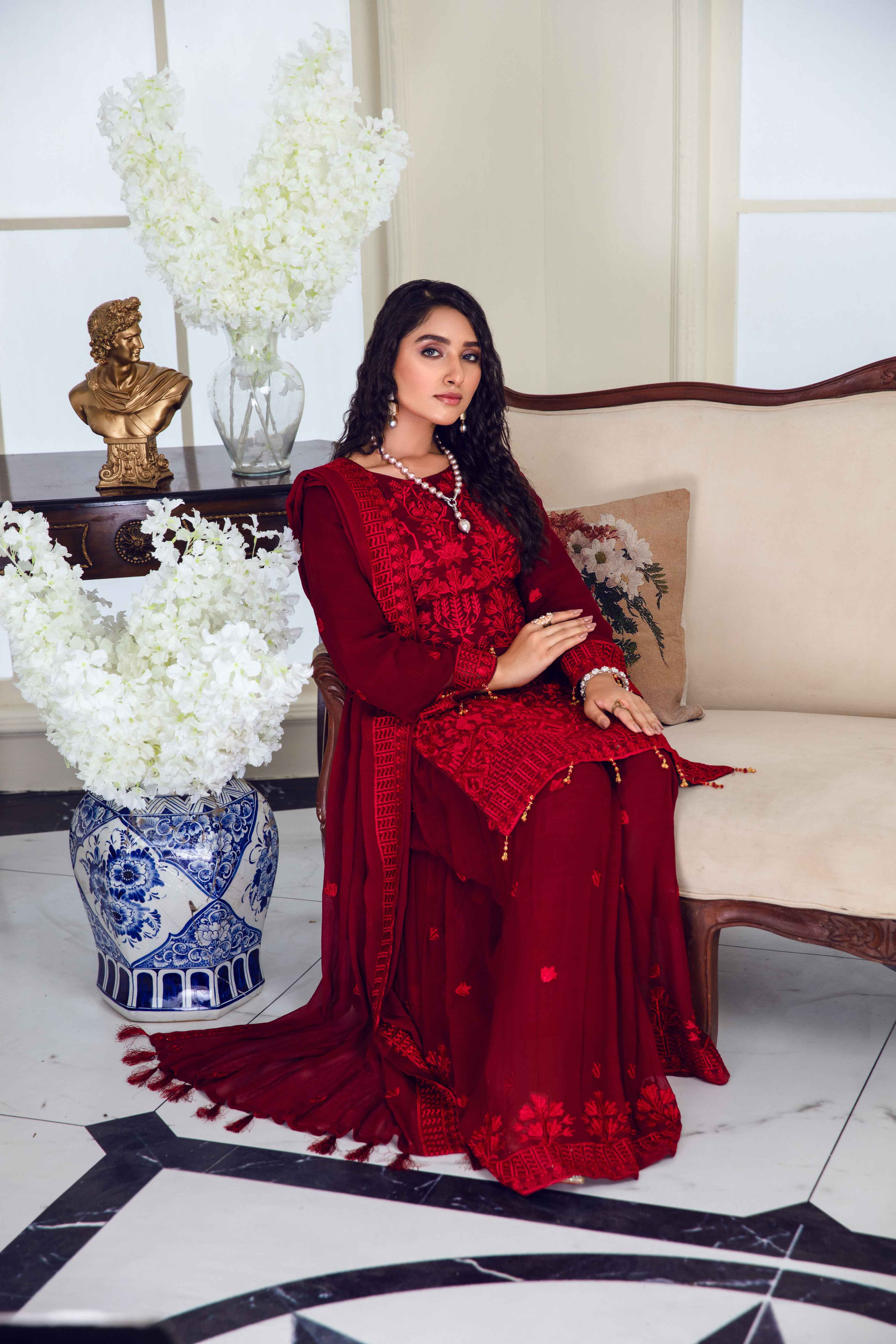 Simrans Eid Chiffon Maroon 3 Piece Formal Sharara Outfit - Desi Posh