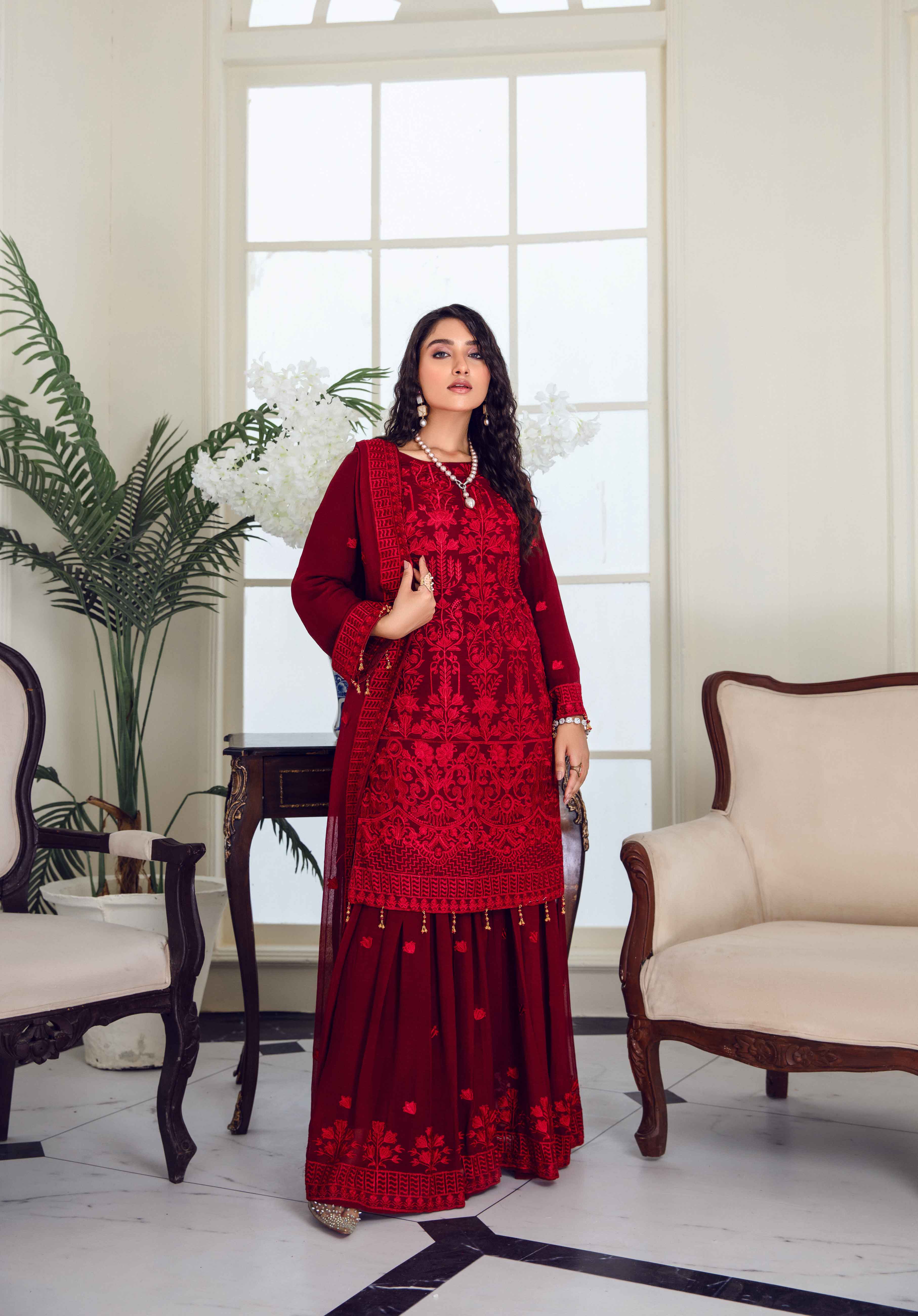 Simrans Eid Chiffon Maroon 3 Piece Formal Sharara Outfit - Desi Posh