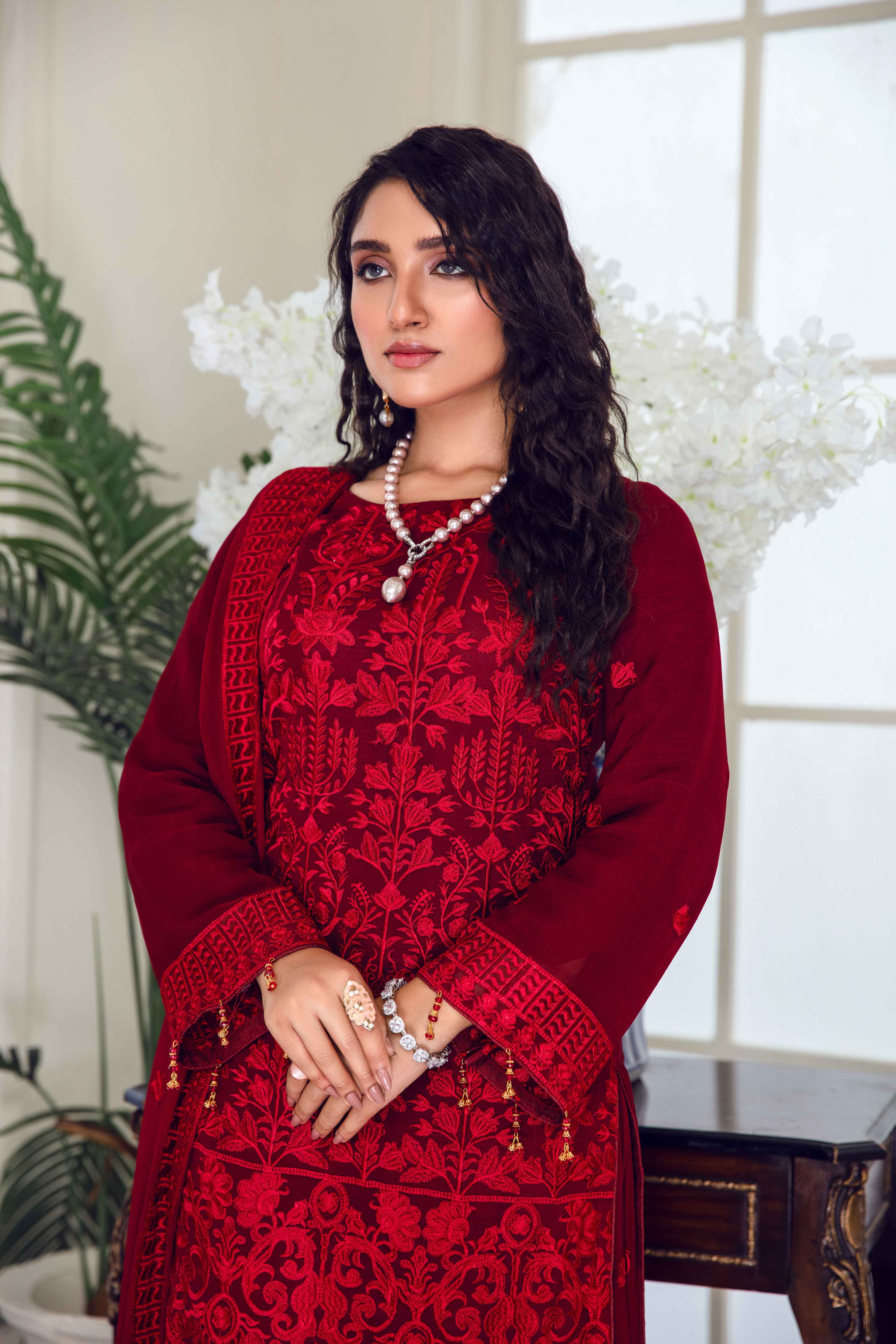 Simrans Eid Chiffon Maroon 3 Piece Formal Sharara Outfit - Desi Posh