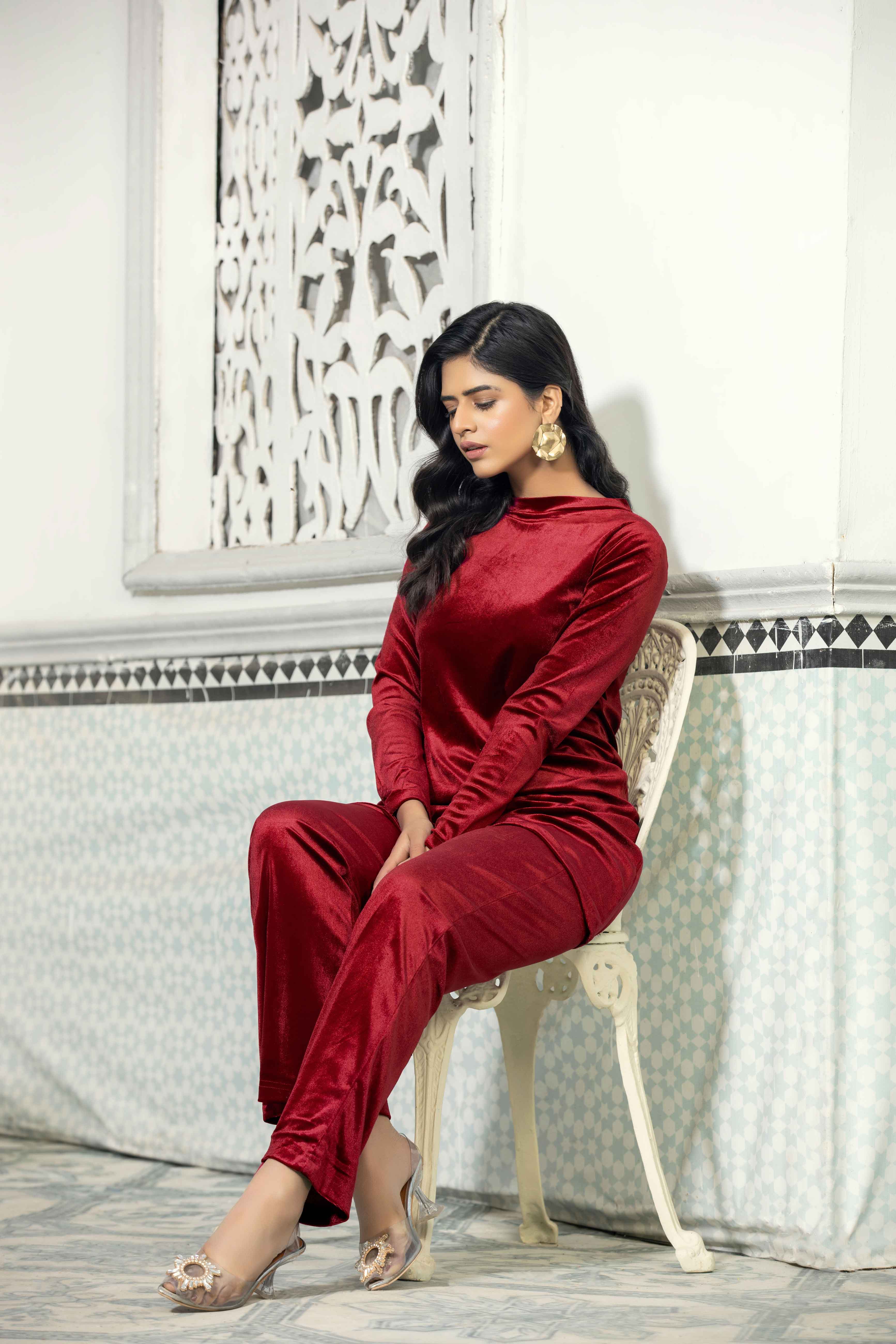 Velvet 2 Piece Co-ords Berry Outfit Set - Desi Posh