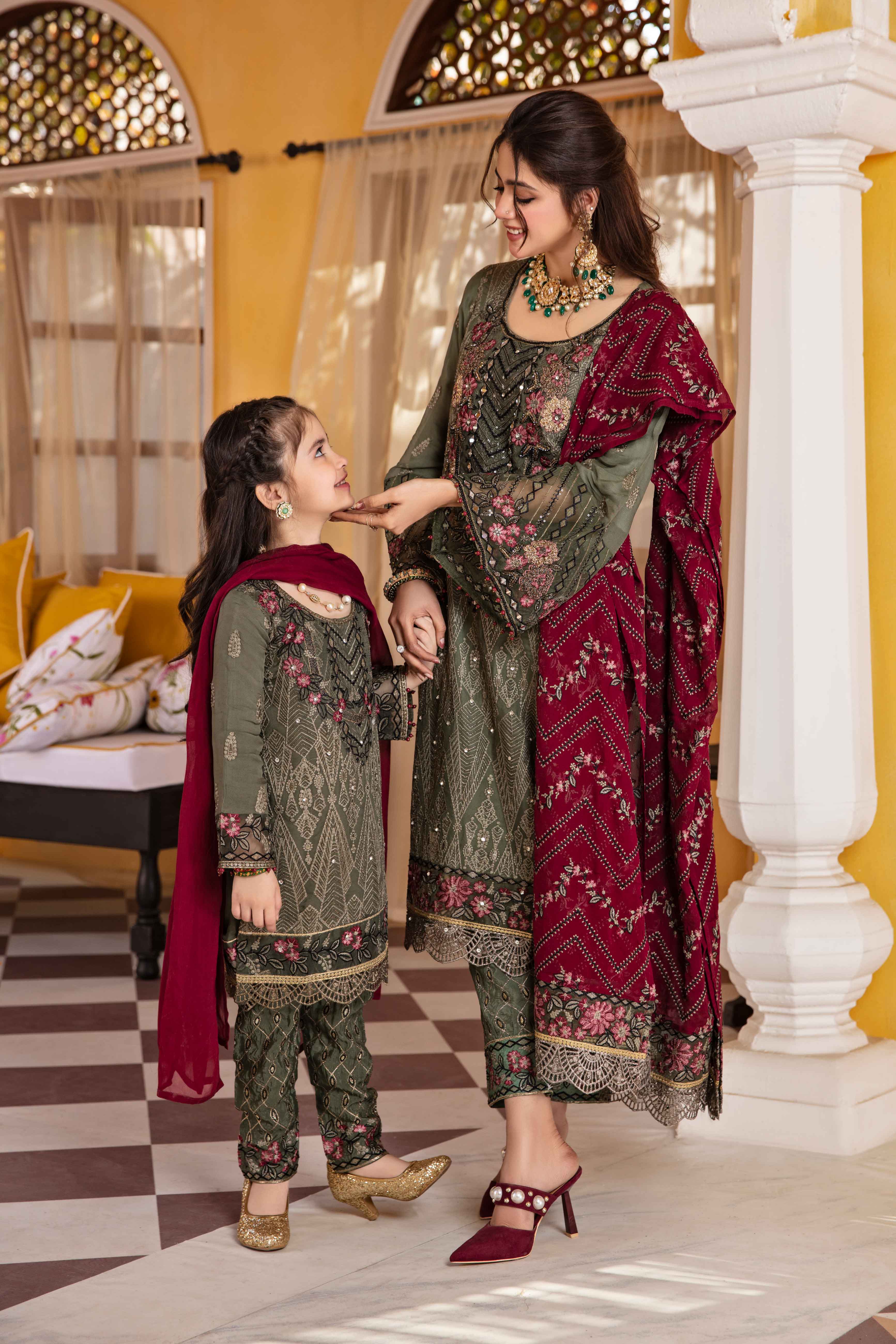 Fareen Eid Edition Mummy & Me Girls Juniper Chiffon Suit - Desi Posh