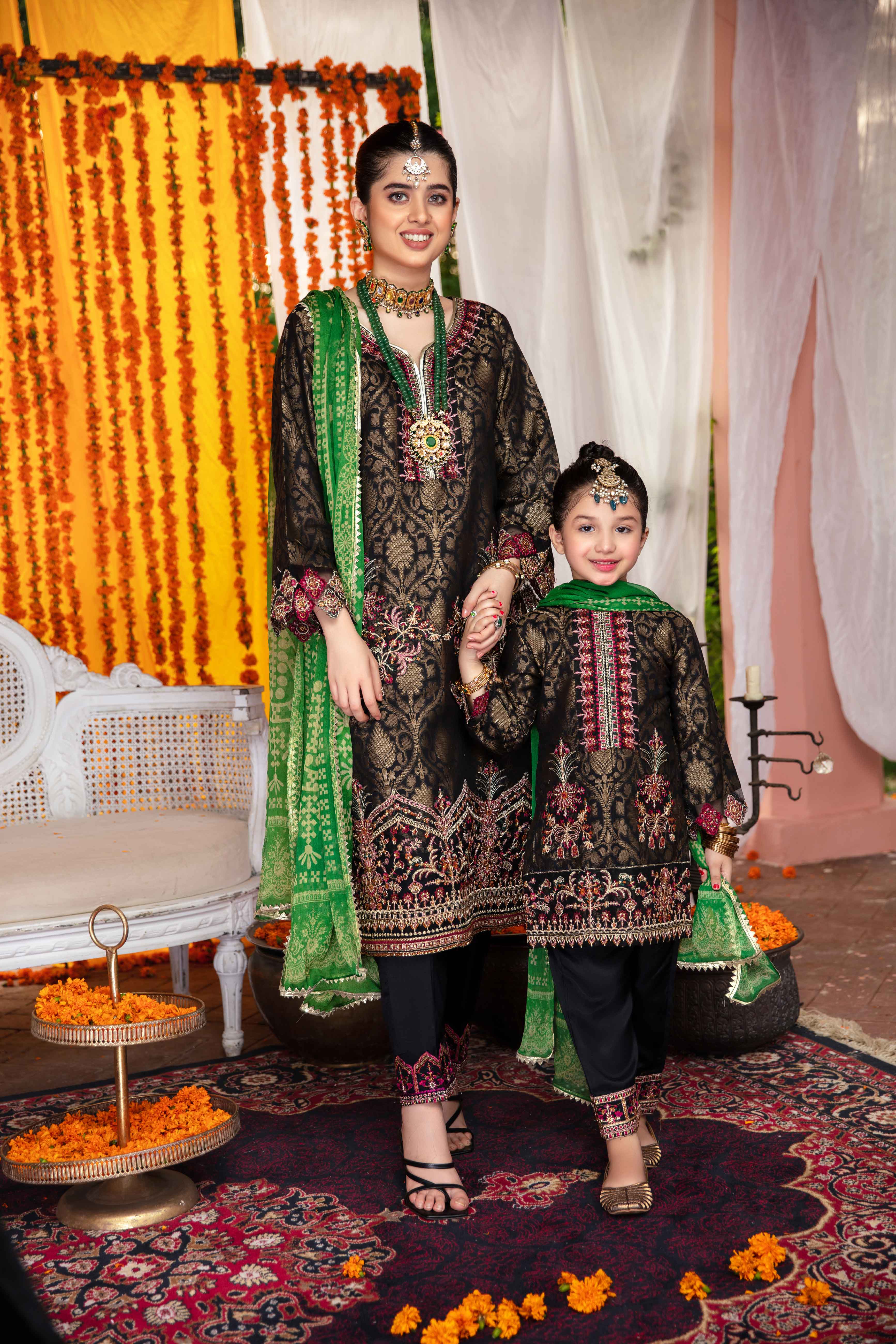 Ivana Ladies Black Jacquard Mummy & Me Outfit 3145 - Desi Posh