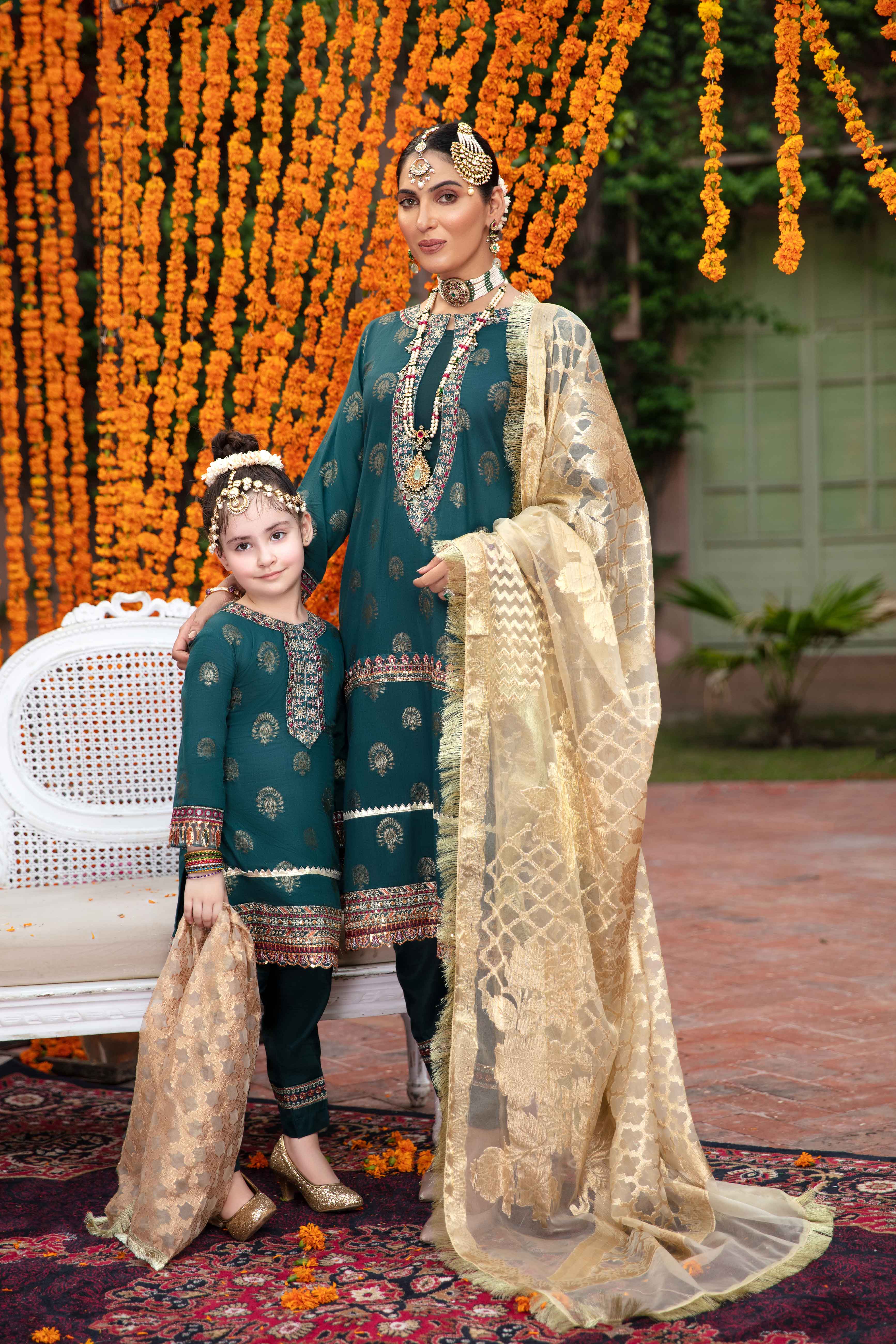 Ivana Ladies Emerald Green Jacquard Mummy & Me Outfit 3147 - Desi Posh