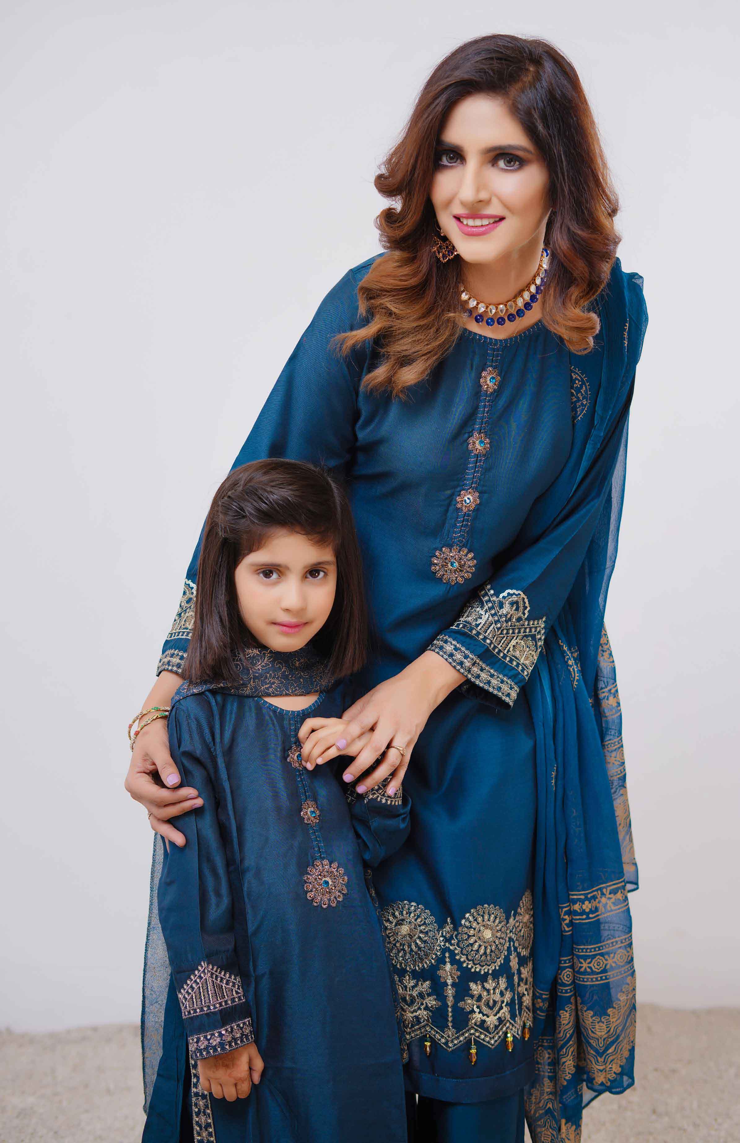 Mother & Daughter Viscose Silk Teal Blue Girls Outfit