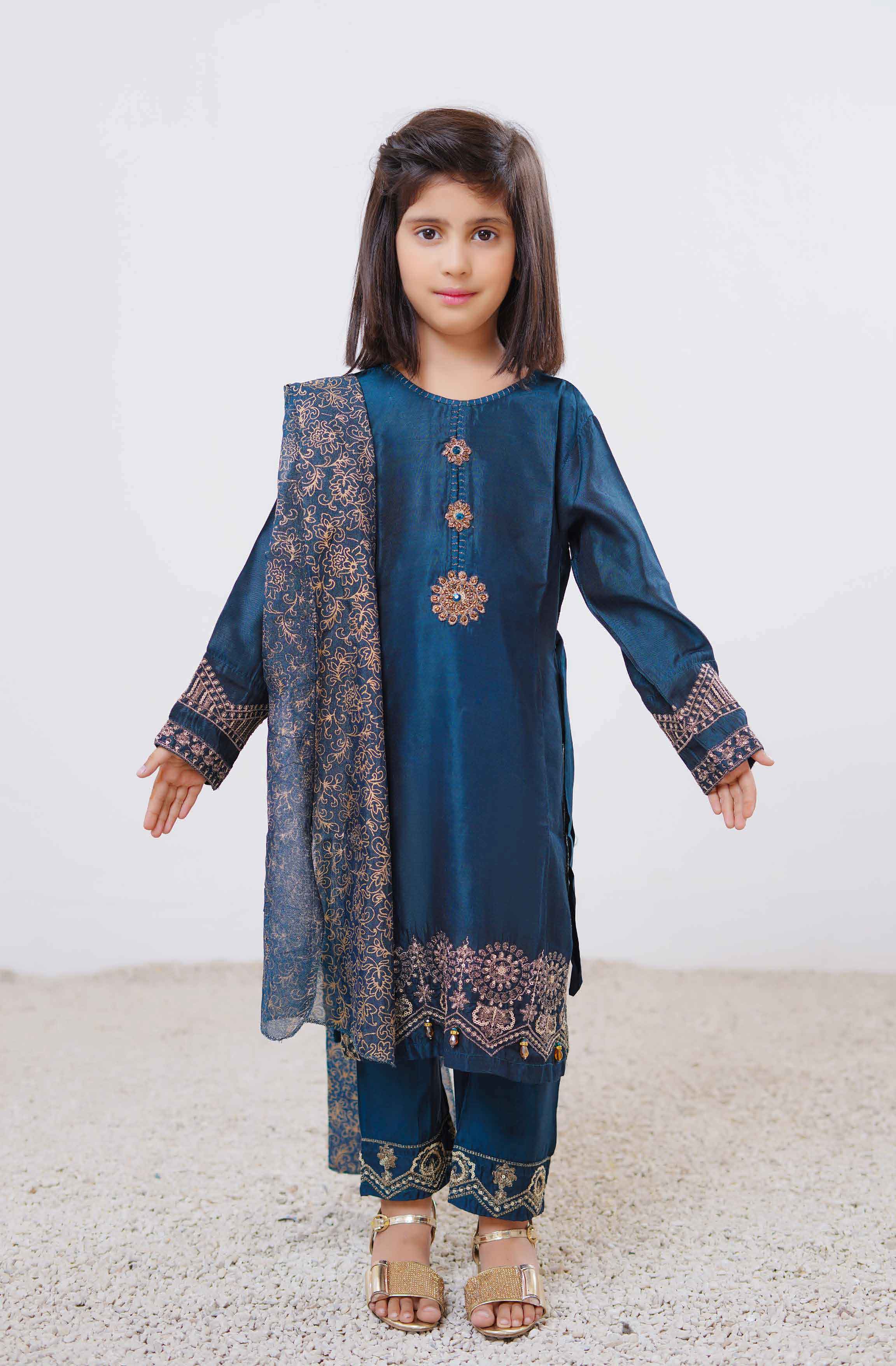 Mother & Daughter Viscose Silk Teal Blue Girls Outfit DesPosh