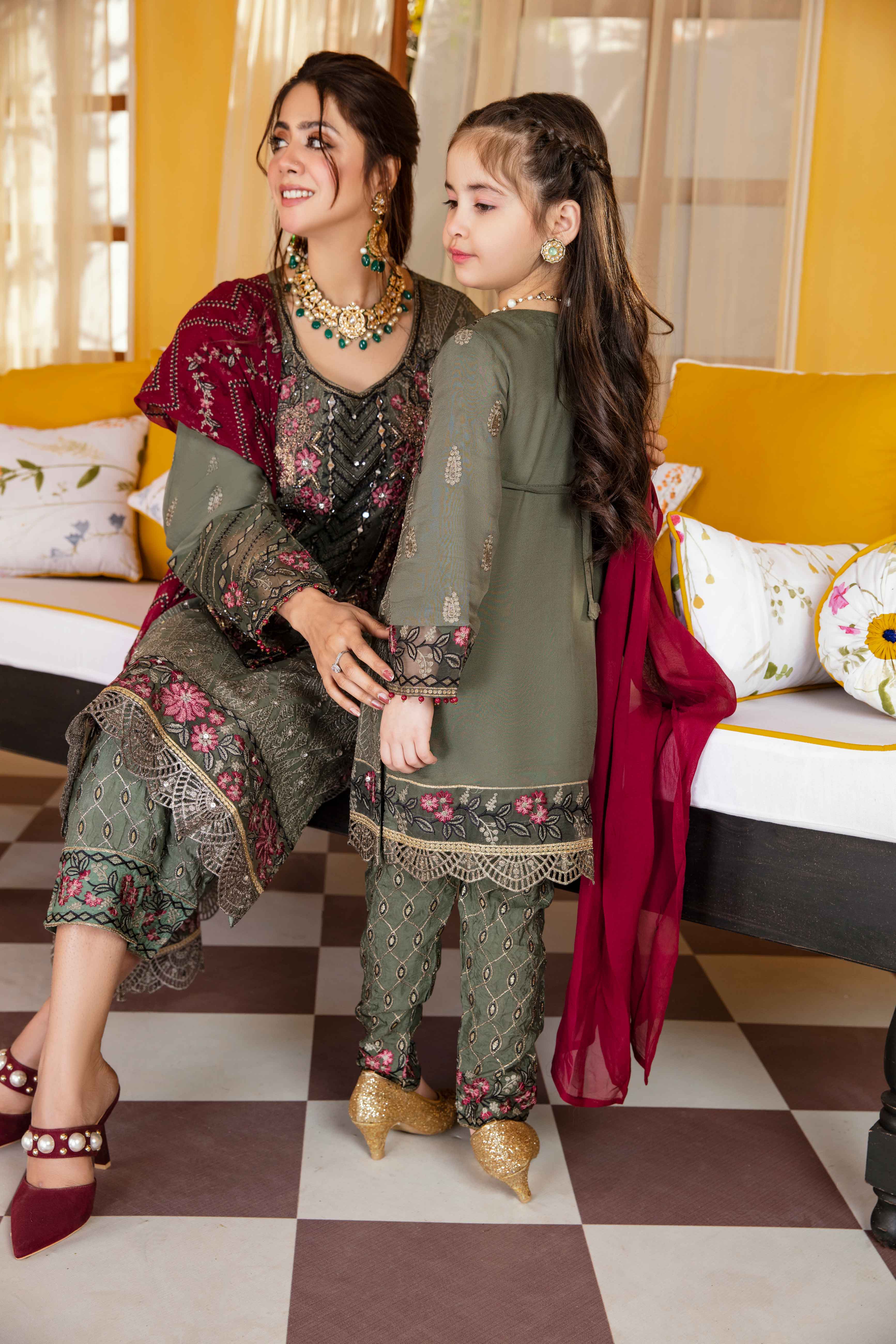 Fareen Eid Edition Mummy & Me Girls Juniper Chiffon Suit - Desi Posh