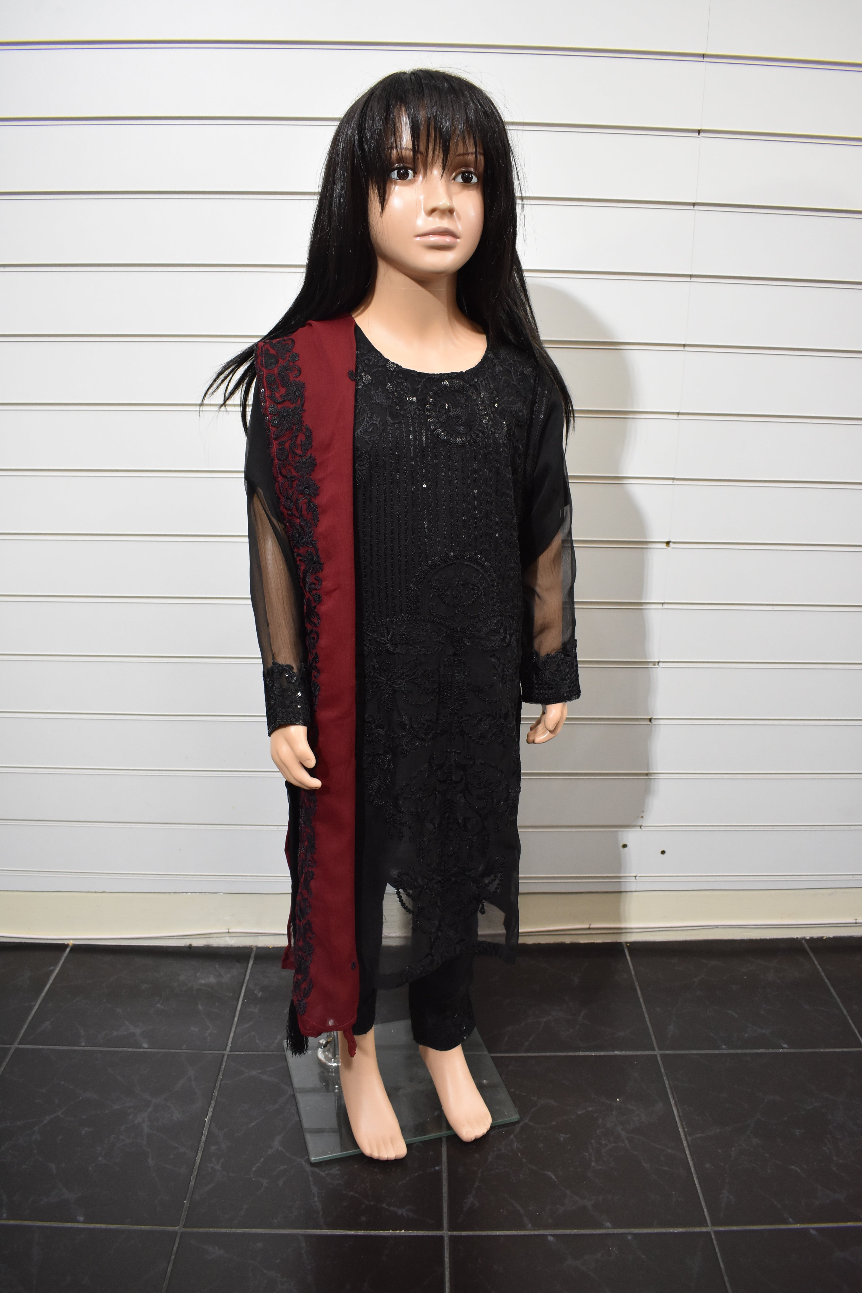Mummy & Me Embroidered 3 Piece Chiffon Girls Outfit With Embroidered Maroon Dupatta