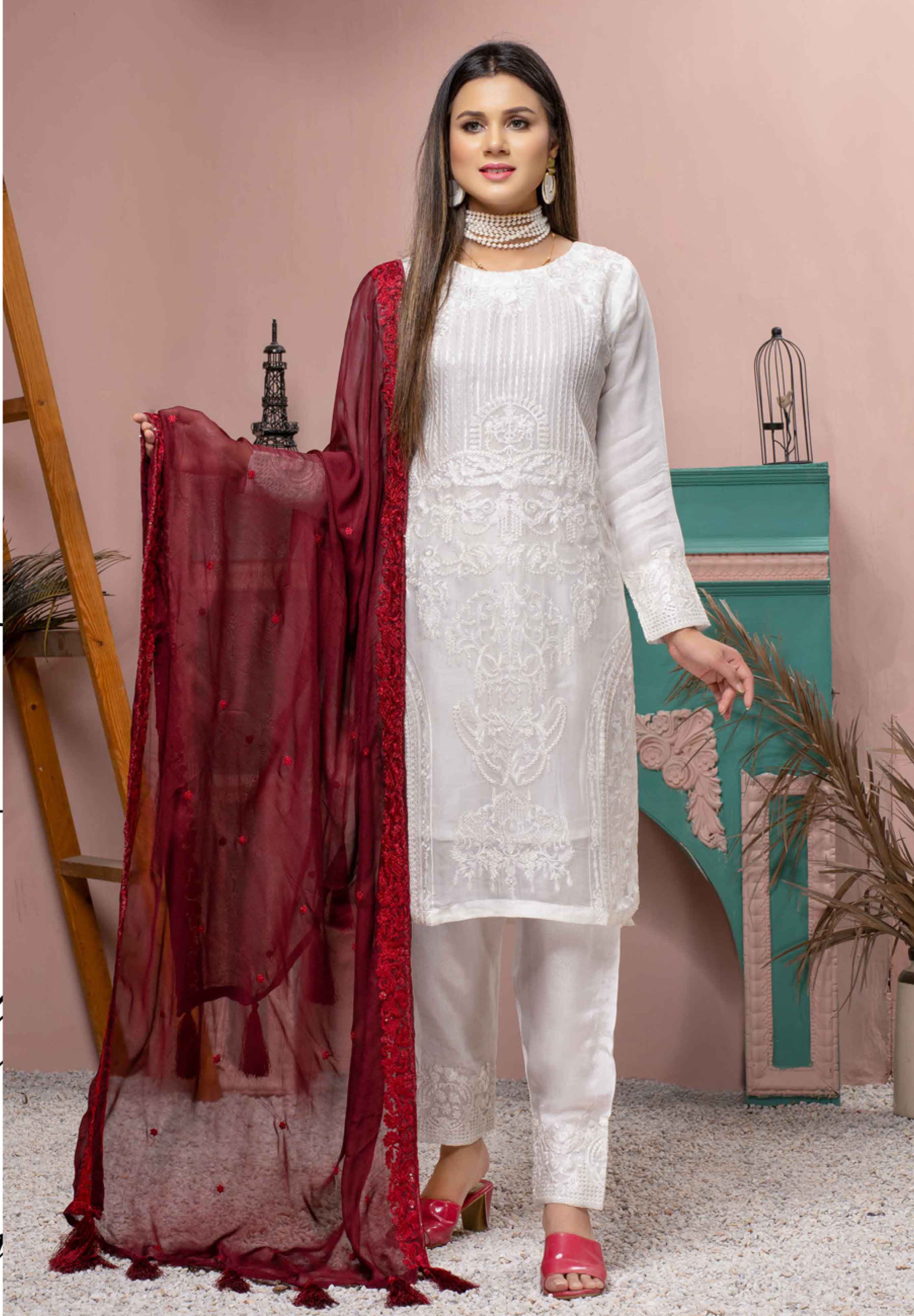 Mummy & Me White 3 Piece Chiffon Ladies Outfit With Embroidered Maroon Dupatta
