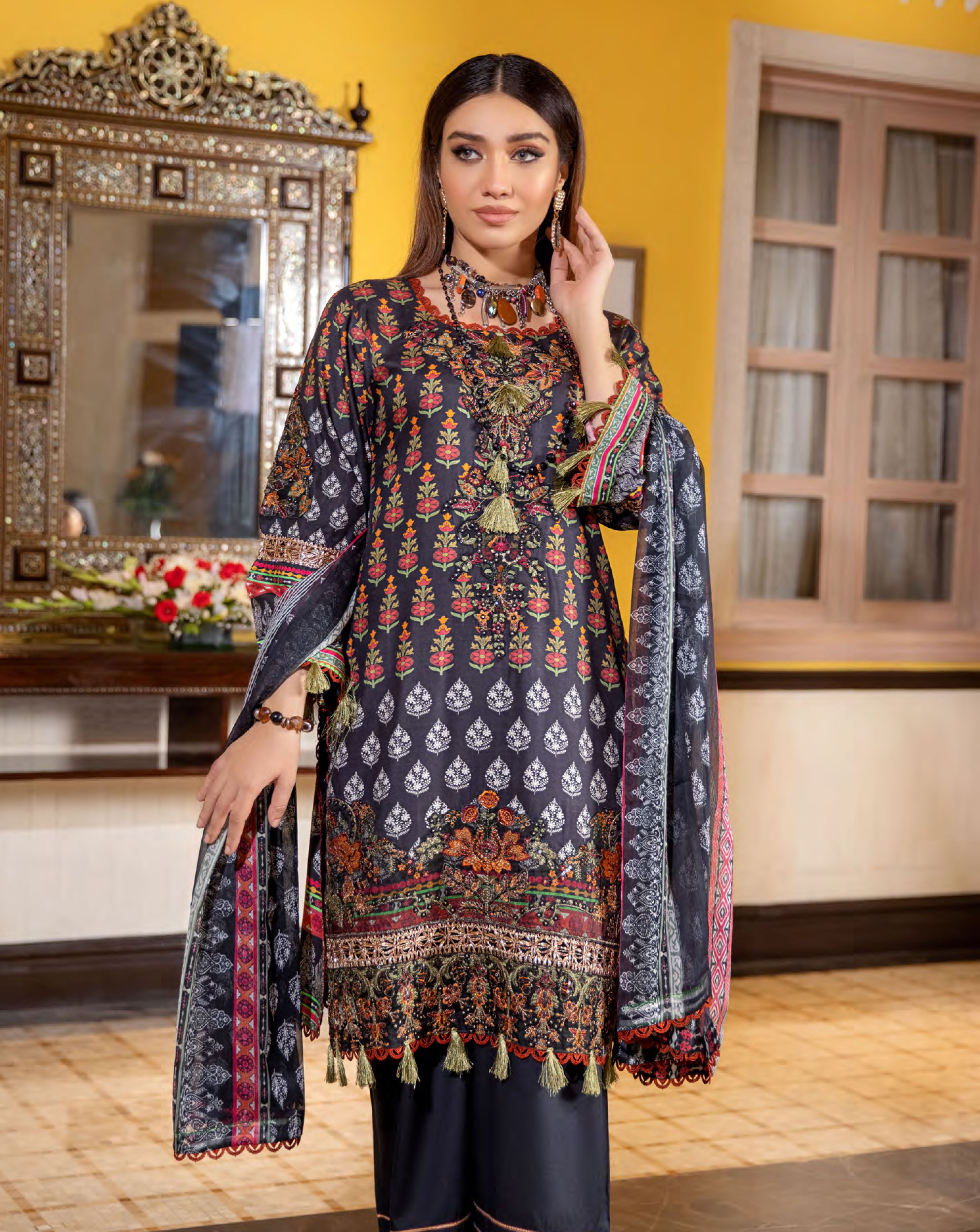Munira Embroidered Linen Readymade Outfit With Palazzo MS1 Dresses DesiP 
