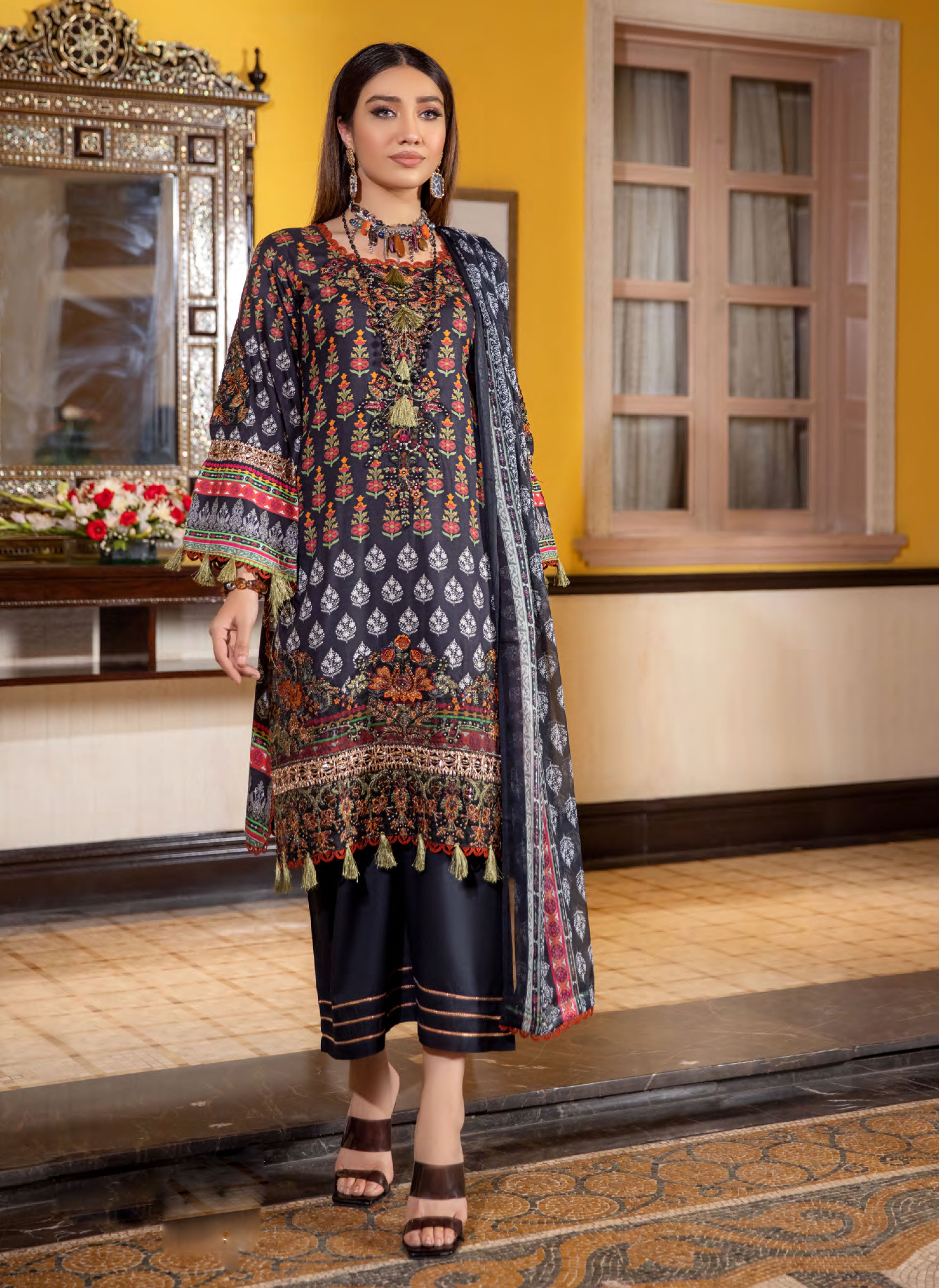 Munira Embroidered Linen Readymade Outfit With Palazzo MS1 Dresses DesiP 