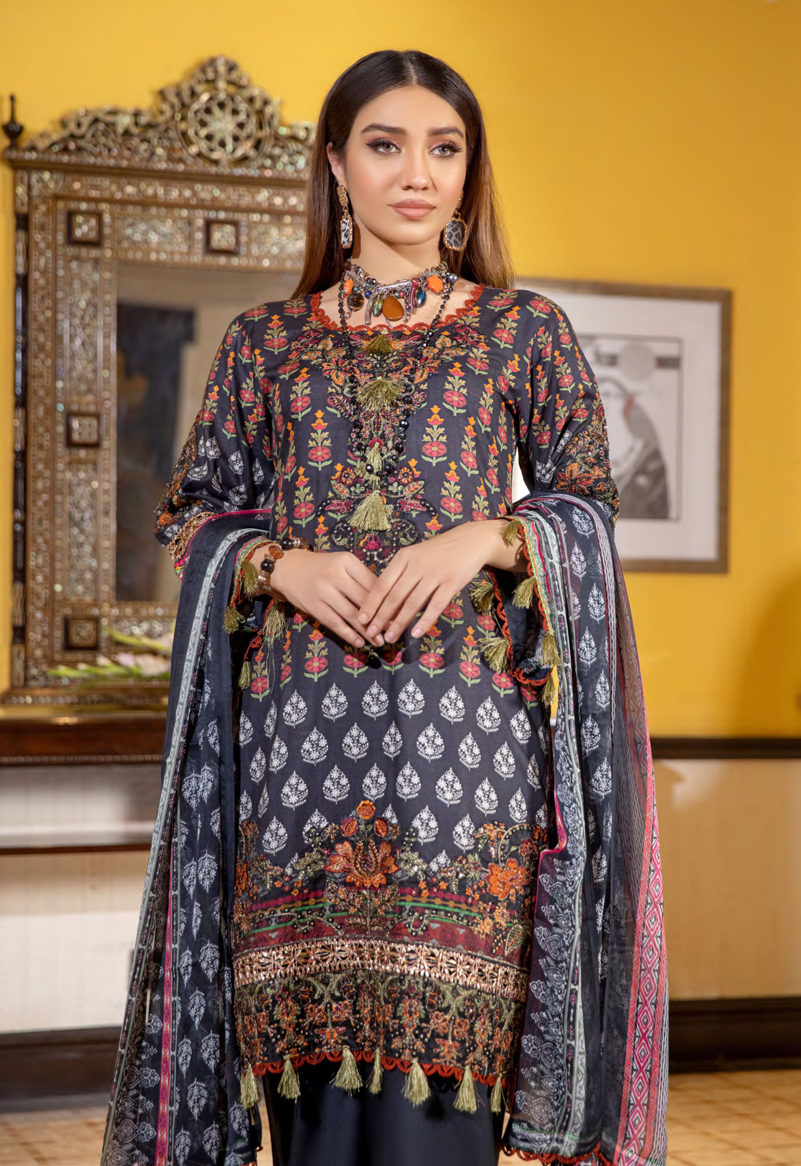 Munira Embroidered Linen Readymade Outfit With Palazzo MS1 Dresses DesiP 