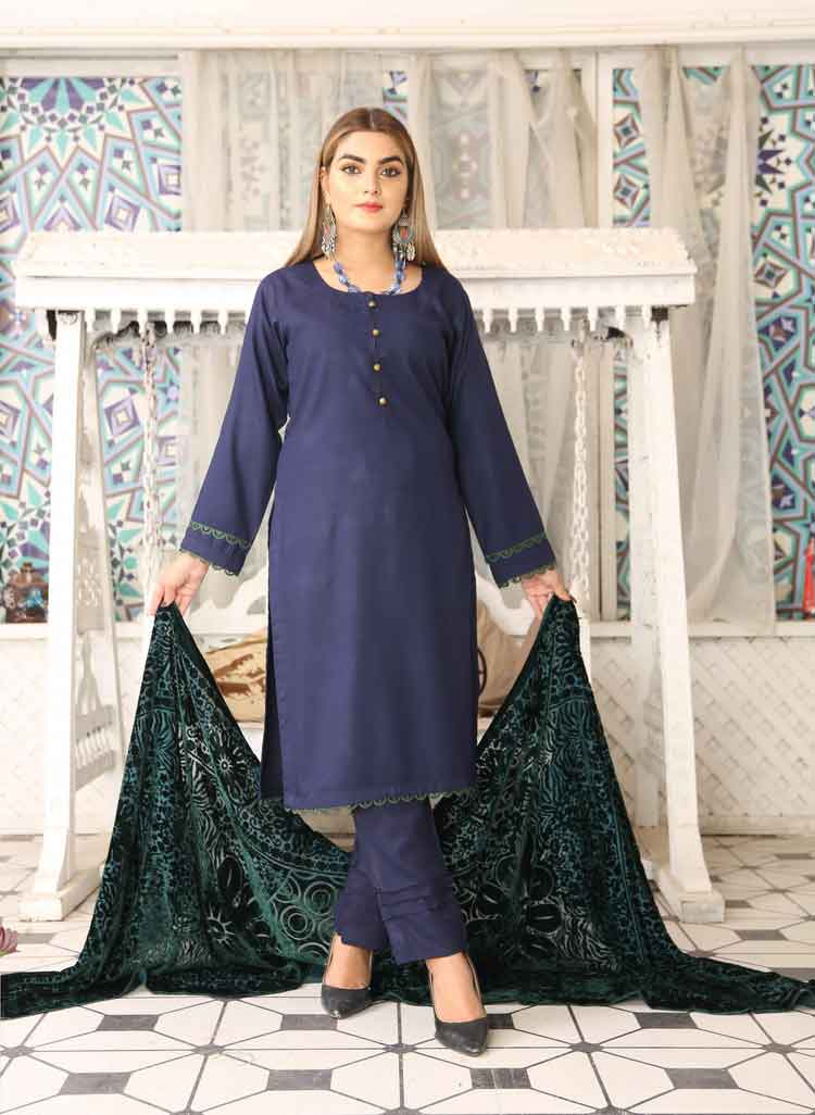 Navy Blue Dhanak 3 Piece Suit with Green Palachi Shawl salwar kameez DesiP 