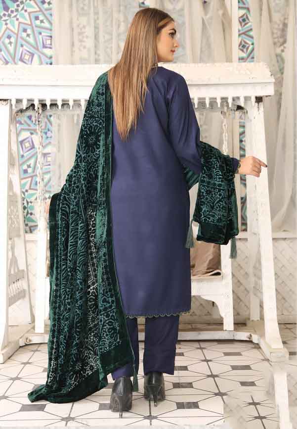 Navy Blue Dhanak 3 Piece Suit with Green Palachi Shawl salwar kameez DesiP 