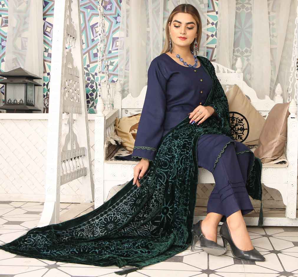 Navy Blue Dhanak 3 Piece Suit with Green Palachi Shawl salwar kameez DesiP 