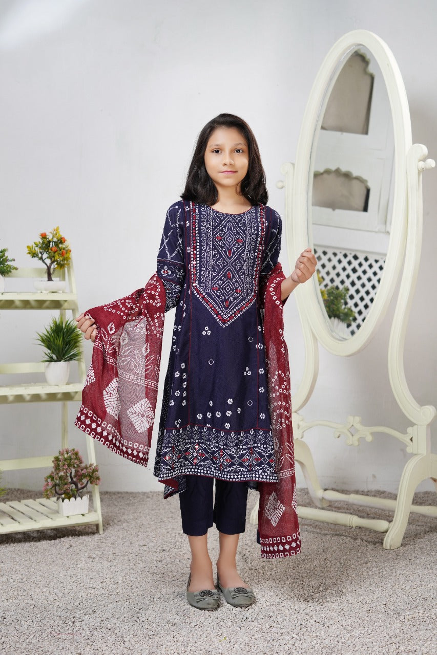 Navy Blue Kids Mummy & Me Sindhi Mirror Outfit