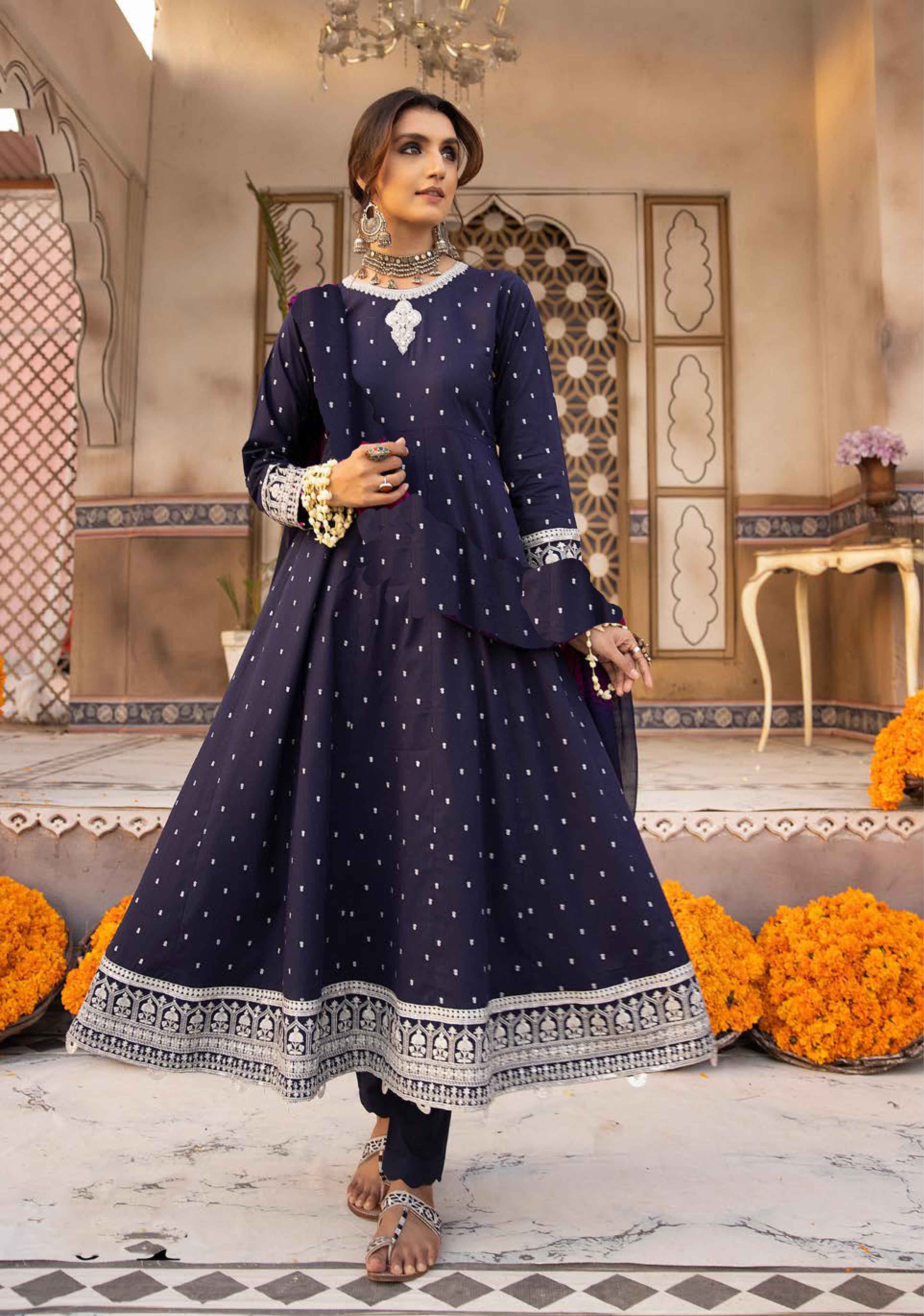 Simrans 3 Piece Linen Long Navy Blue Dress Suit - Desi Posh