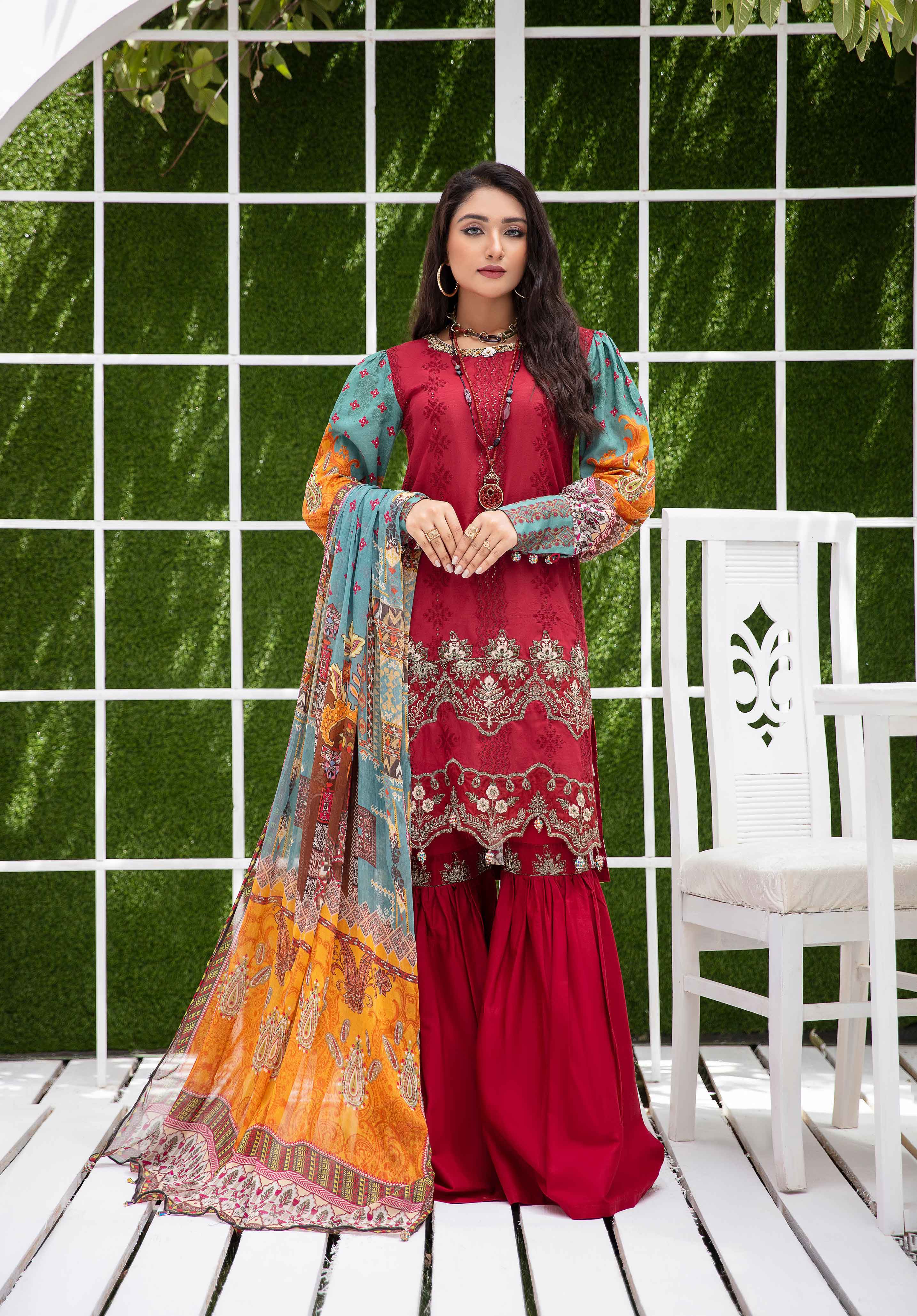 Nazakat Lawn Maroon Eid Outfit with Gharara JR05