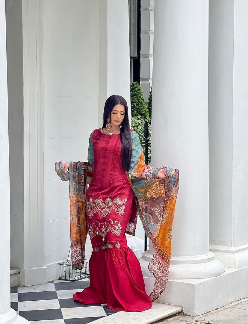 Nazakat Lawn Maroon Eid Outfit with Gharara JR05 DesiP 